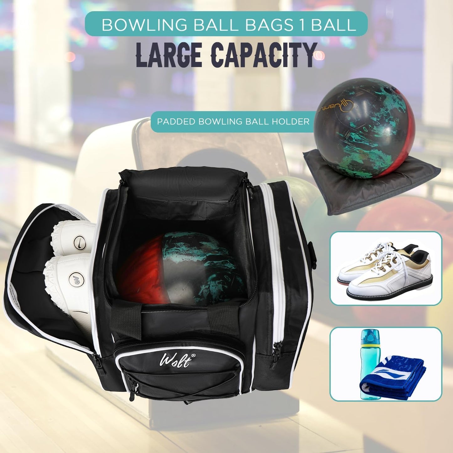 WOLT Bowling Ball Bag for Single Ball - Bowling Ball Tote Bag with Padded Ball Holder, 2 Pockets fit Bowling Shoes Up to Mens Size 14 and Accessories