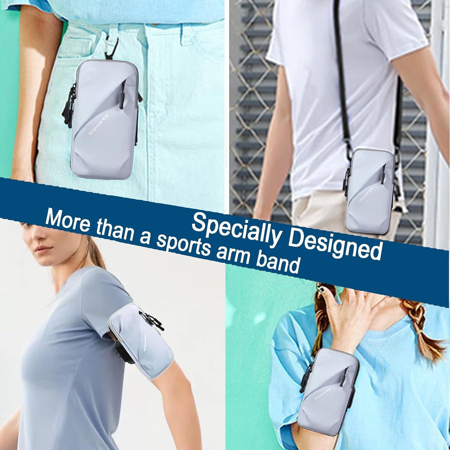 Cell Phone Carrier - Arm Band, Cross Body Bag, Holster for Women - Walking, Running - Light Blue