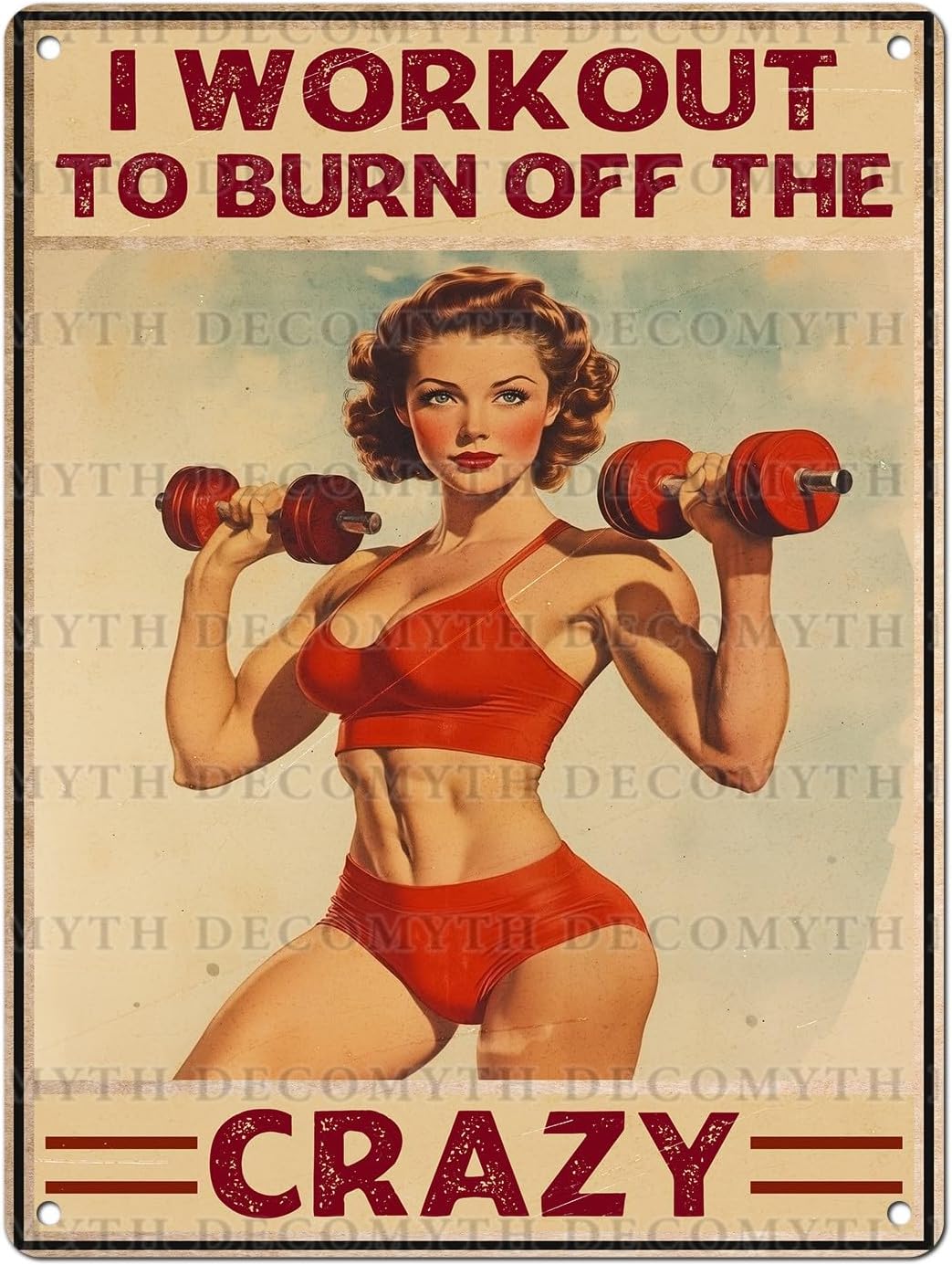 Vintage Girl Gym Tin Sign I Workout to Burn off The Crazy Retro Fitness Wall Decor Nostalgic Art Funny Workout Room Inspirational Metal Poster Store Cafe Pubs Bedroom Bathroom 12 * 16inch