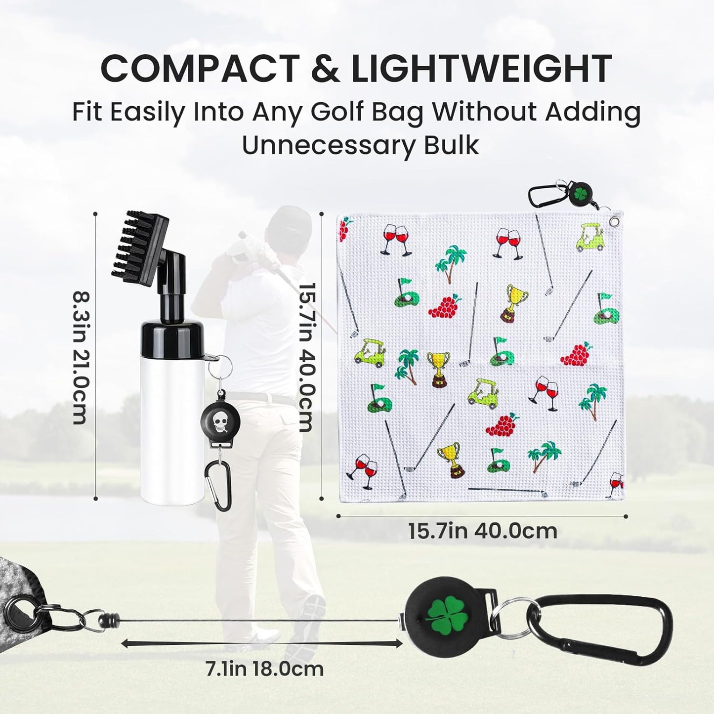 Golf Club Clean Brush Towel Value Set with Strong Magnetic Retractable Carabiner, Squeeze Water Bottle Microfiber Absorbent Towel for Golf Bags Accessory Iron Care Men Women