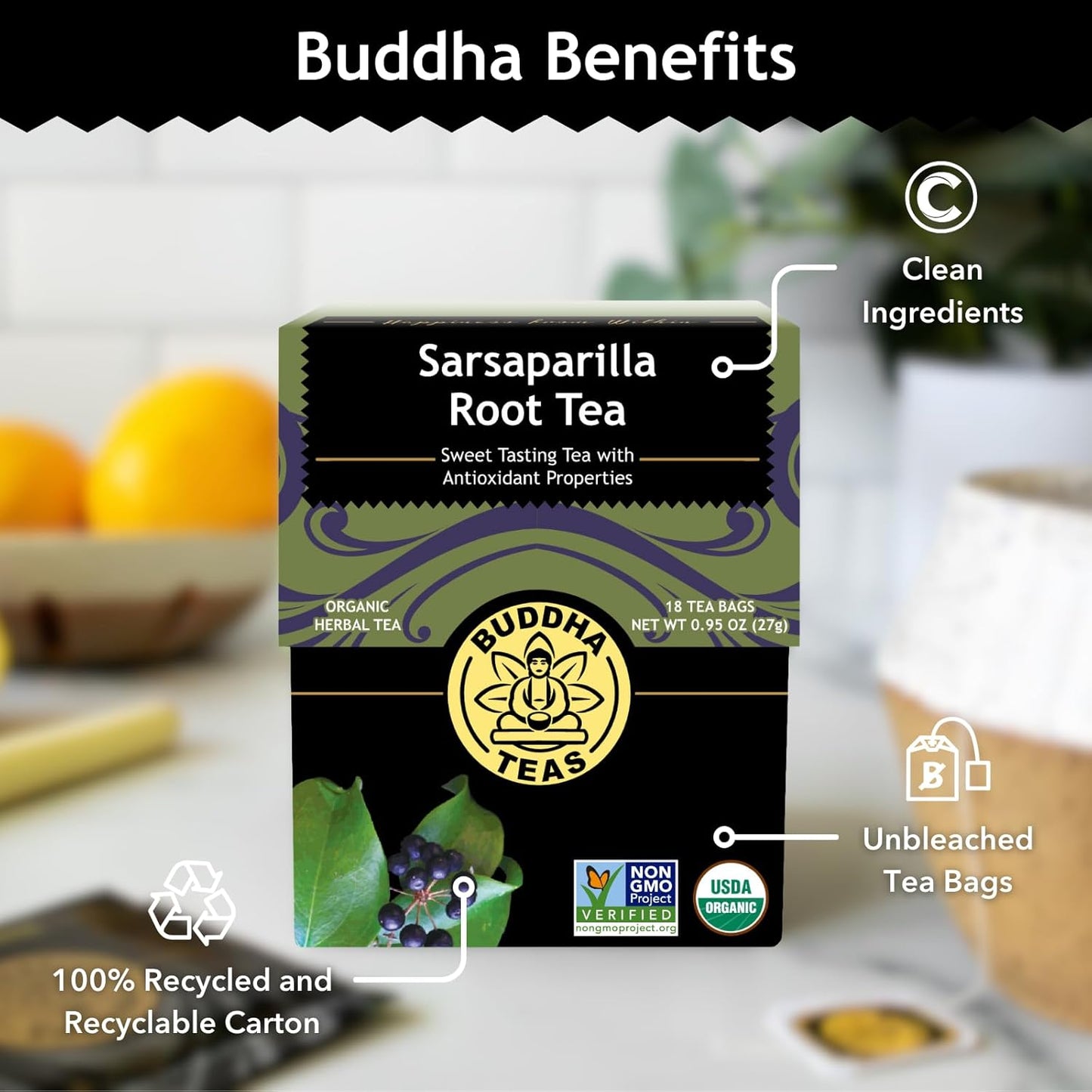 Buddha Teas - Organic Sarsaparilla Root Tea - Herbal Tea - Digestion & Skin Health - With Antioxidants & Minerals - Clean Ingredients - Caffeine Free - OU Kosher - 18 Tea Bags (Pack of 1)