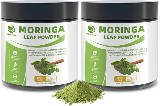 Organic Moringa Powder & Matcha Powder, Multi-Green Superfoods with Green Tea Resveratrol - Energy and Digestive Support, Rich in Antioxidants and Vitamin A D3 E B6 B12 Calcium, Non-GMO, Vegan, 16 oz