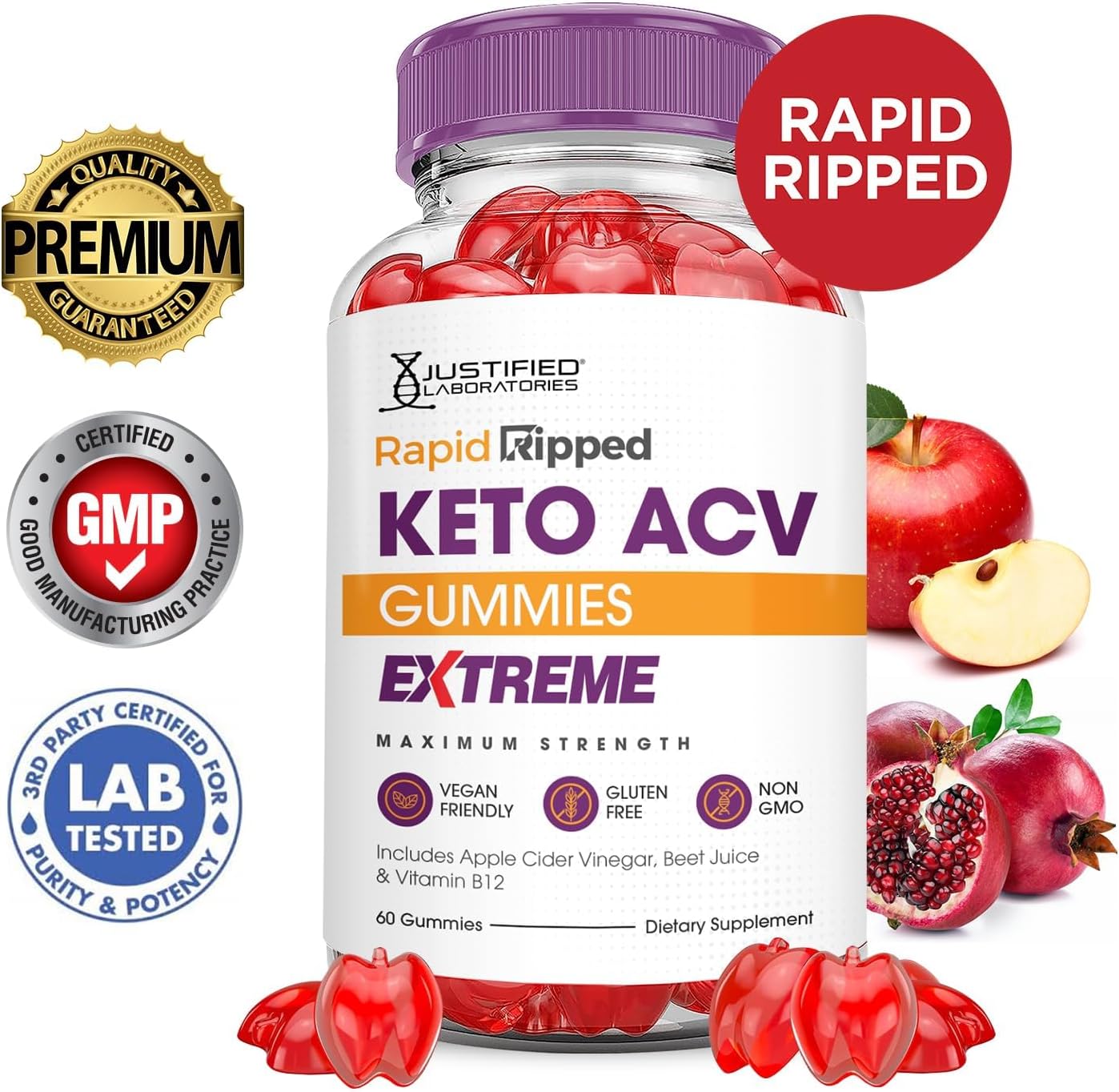 Justified Laboratories (5 Pack Rapid Ripped Keto ACV Gummies Extreme 2000MG Rapidripped Keto Gummies Apple Cider Vinegar Formulated with Pomegranate Beet Juice Powder B12 Vegan Non GMO 300 Gummys