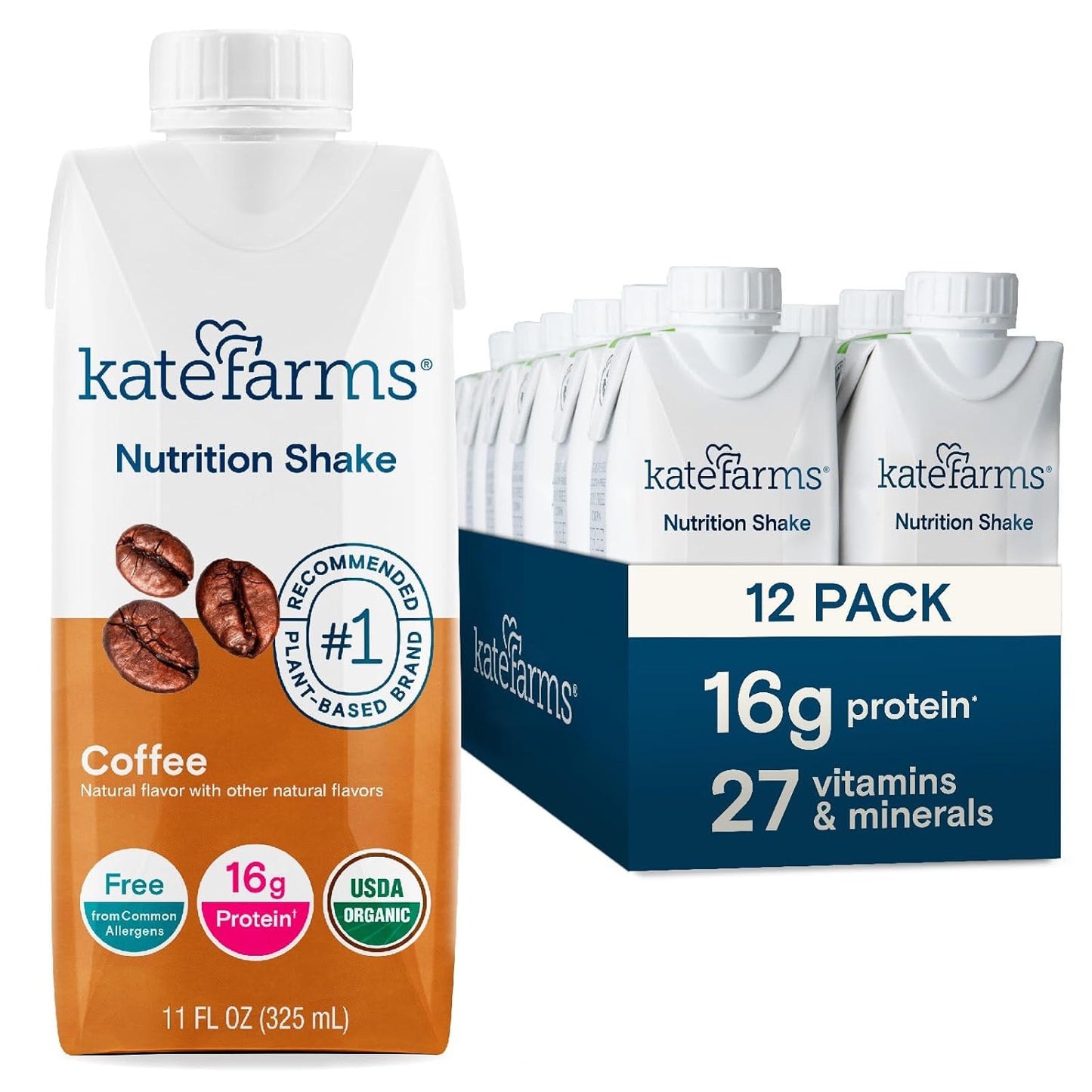 KATE FARMS Organic Nutrition Shake, Coffee, 16g protein, 27 Vitamins and Minerals, Protein Meal Replacement Drink, Protein Shake, 11 oz (12 Pack)