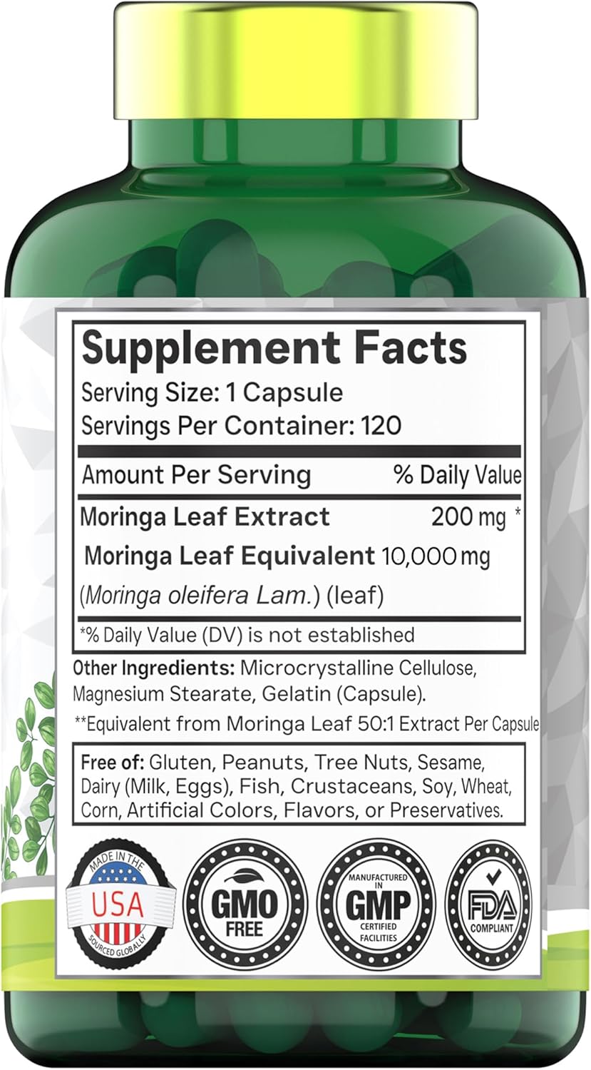 Moringa Capsules 10,000 mg - 120 Capsules | Pure Moringa Oleifera Leaf Powder Supplement | Powerful Green Superfood | Super Greens Powder Pills | Non-GMO, Made in The USA!