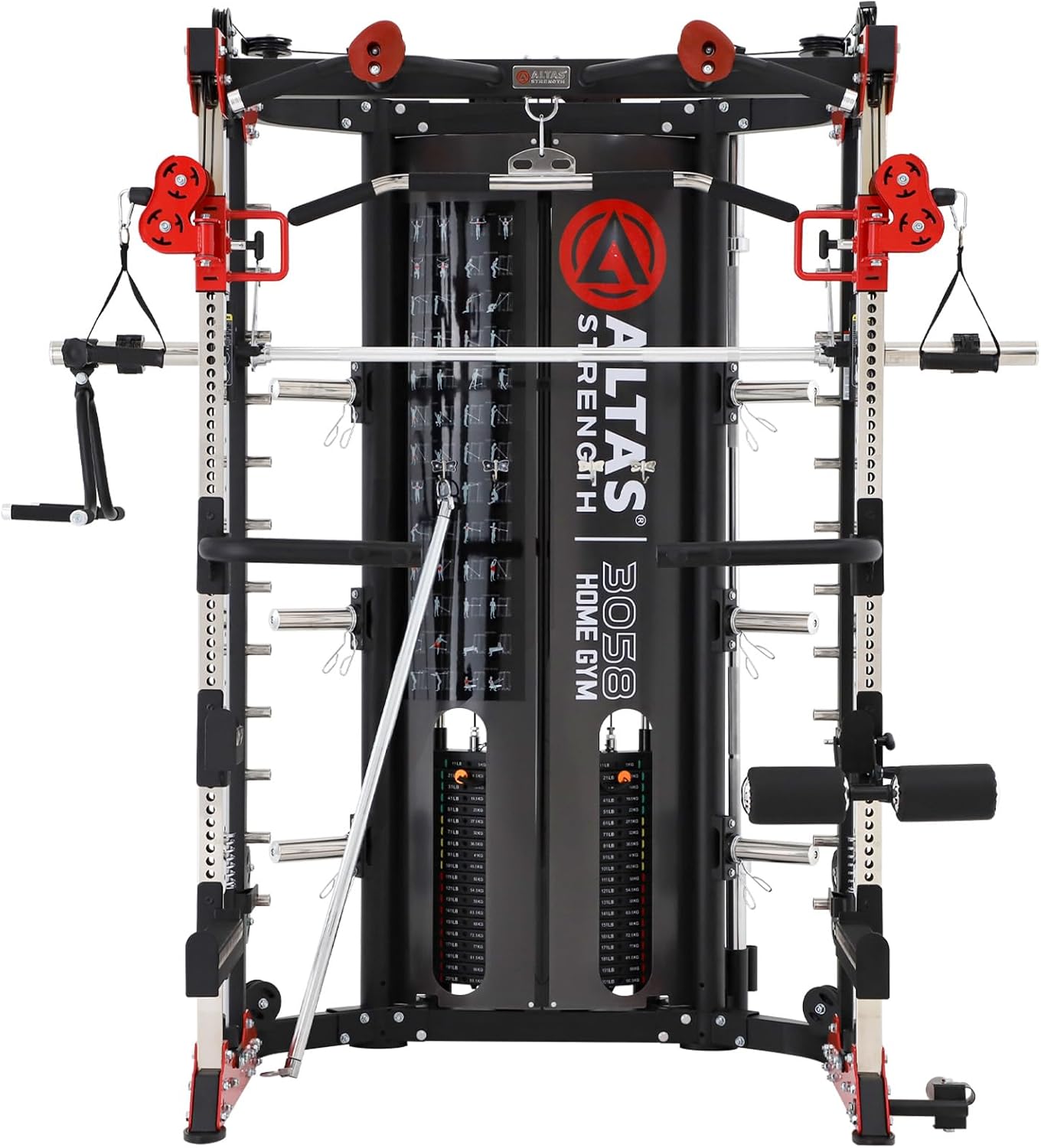Altas Strength Smith Machine 3058G Home Gym 1000 lbs Weight Capacity 2000 lbs Cables Strength Training Power Cages Squats Presses Pulling Lunges Deadlifts Easy Assembly Included Accessories