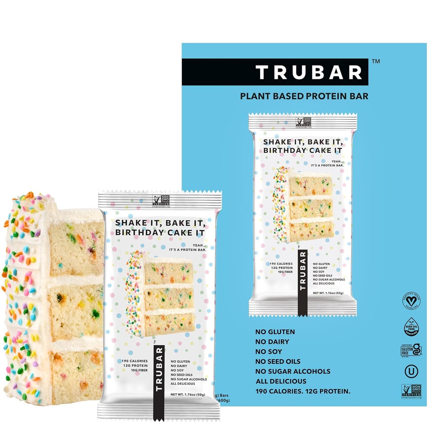 TRUBAR Vegan Protein Bar, Shake it Bake it Birthday Cake it, Gluten Free, Plant Based Protein, Dairy Free, Non GMO, Soy Free, No Sugar Alcohols, 12G Protein, 12G Fiber, 23G Carb, On the Go Snack Bars, 12 ct