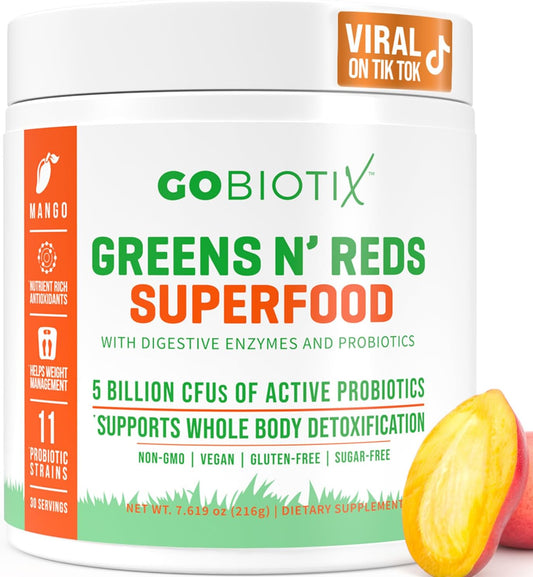 GOBIOTIX Super Greens and Reds Powder - Red and Green Superfood - Probiotic Supplement - Digestive Enzymes and Beet Root Powder - Organic Whole Foods Dietary Supplement (Mango, 1 Pack)
