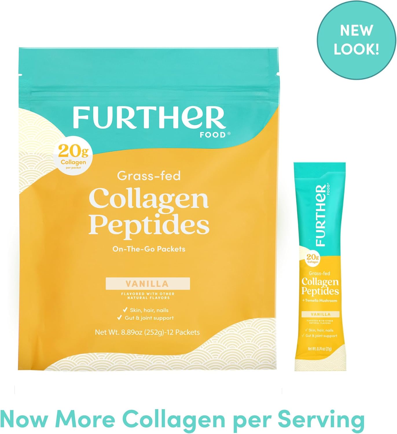 Further Food Vanilla Collagen Peptides Powder Stick Packs, Grass-Fed Pasture-Raised Hydrolyzed Type 1 & 3 Protein, Gut Health + Joint, Hair, Skin, Nails, Paleo Keto Sugar-Free 8.89 oz