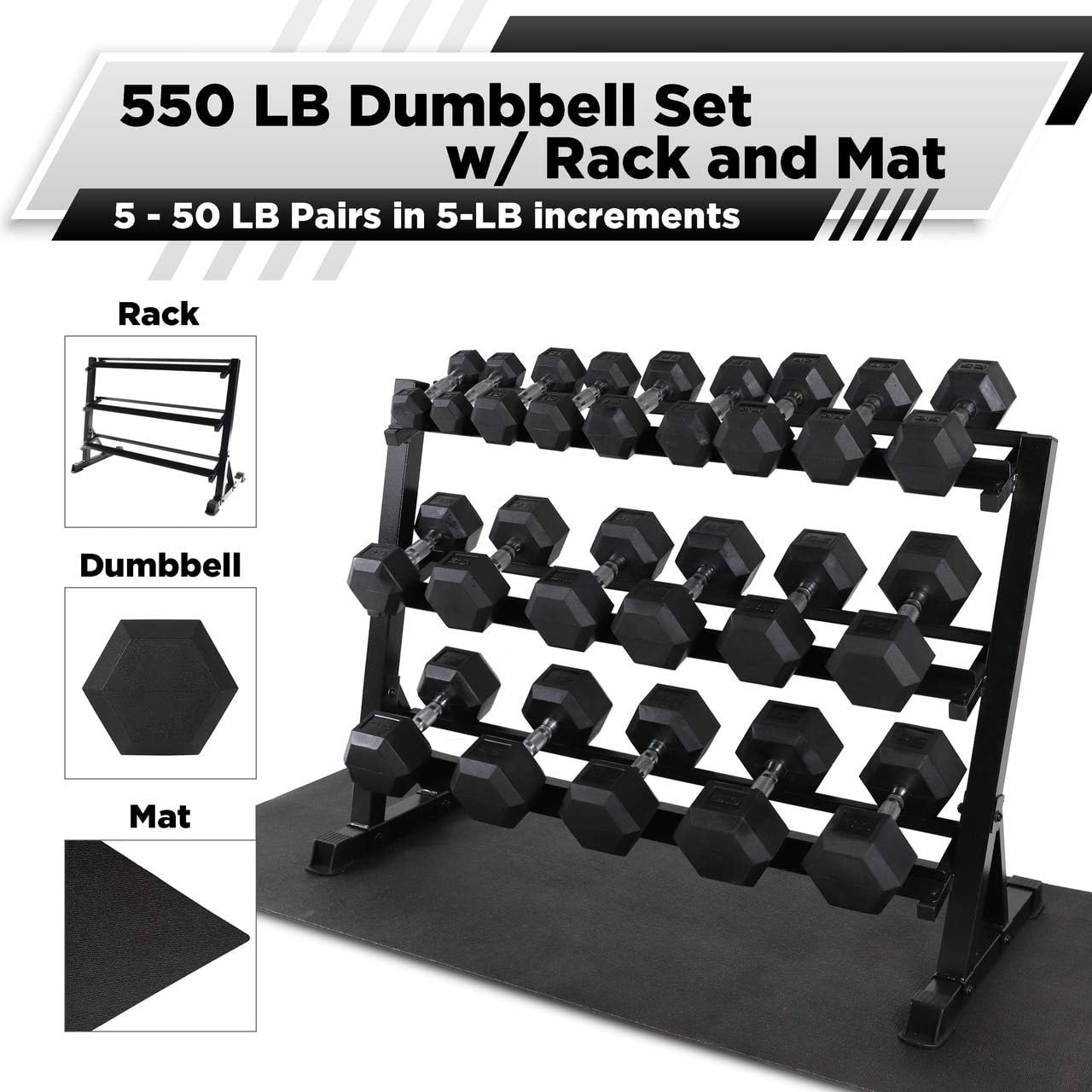 WF Athletic Supply Rubber Coated Hex Dumbbell Set, Multiple Choices Available - Dumbbells with Rack Stand and Mat, or Dumbbells Only (200/550/1200/2100/3000 LB)