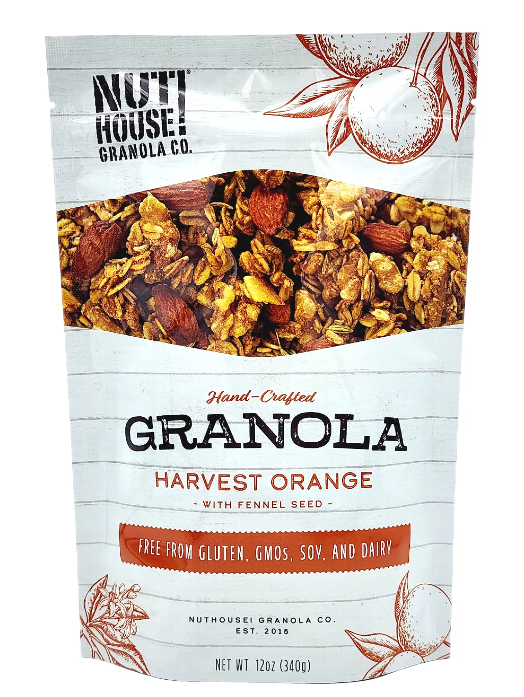 NutHouse! Granola Company - Premium Harvest Orange Granola | Certified Gluten-Free, Non-GMO, Kosher | Vegan, Soy-Free | 12 oz. Bag (1-Pack)
