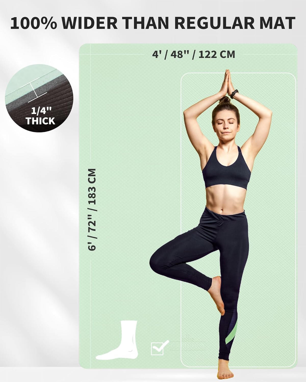 CAMBIVO Large Yoga Mat (6'x 4'), Extra Wide Workout Mat for Men and Women, Yoga Mat Thick 1/3 &1/4 Exercise Mats for Home Workout, Yoga, Pilates (Black,1/4 inch)