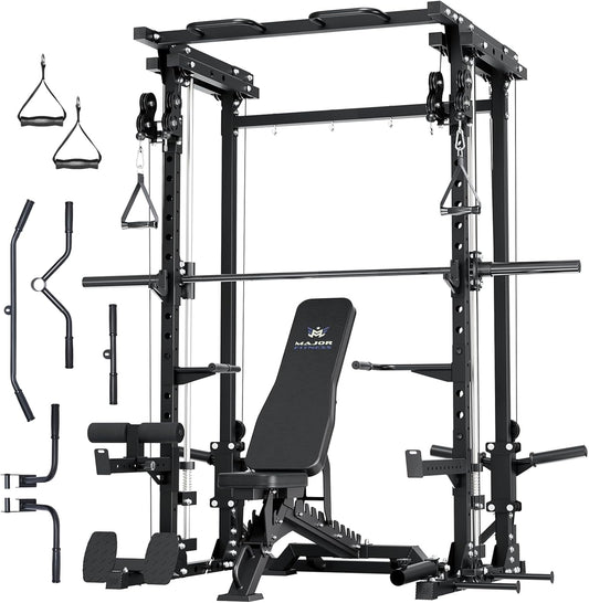 Major Fitness Drone3 Smith△ Machine – All-in-One Home Gym Squat Rack with Weight Bar, Cable Crossover Machine – Heavy-Duty Fitness Equipment for Strength Training and Full-Body Workouts