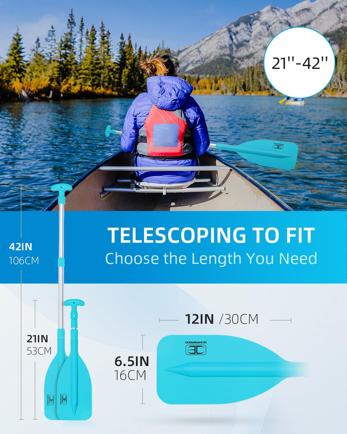 OCEANBROAD Telescoping Emergency Paddle 21''-42''（Assembling Required）/26''-54'' Aluminium Shaft for Kayaking Boating Canoeing River Tubing