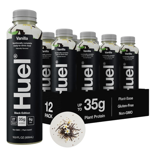 Huel Black Edition Ready-to-Drink | Vanilla Meal Replacement Shake | 35g High Protein Drink | 27 Vitamins & Minerals, Vegan, Gluten Free | Plant Based | High Fiber, Low Sugar | 16.9 Fl Oz, 12 Pack