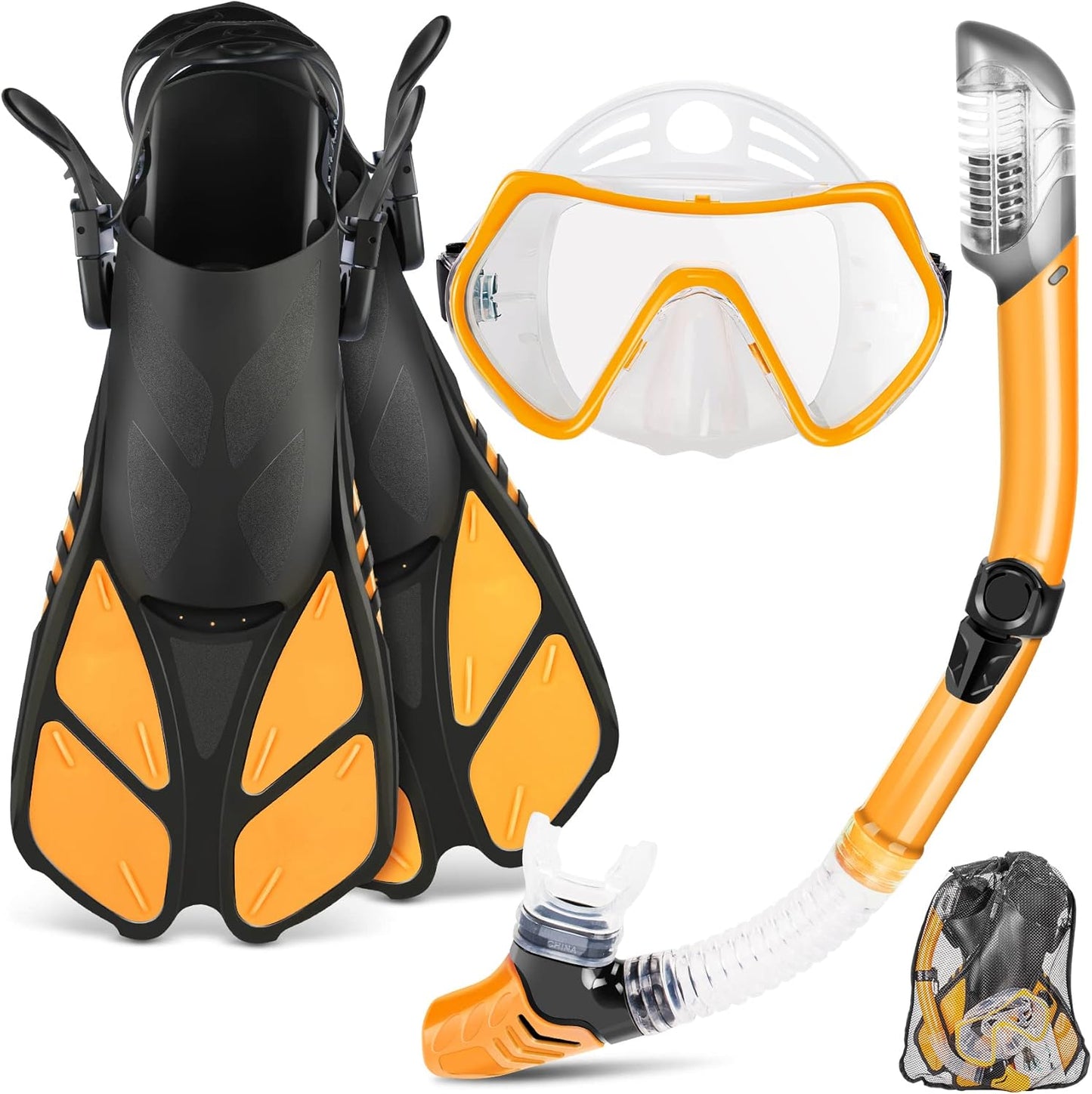 ZEEPORTE Mask Fin Snorkel Set, Travel Size Snorkeling Gear for Adults with Panoramic View Anti-Fog Mask, Trek Fins, Dry Top Snorkel and Gear Bag for Swimming Training, Snorkeling Kit Diving Packages