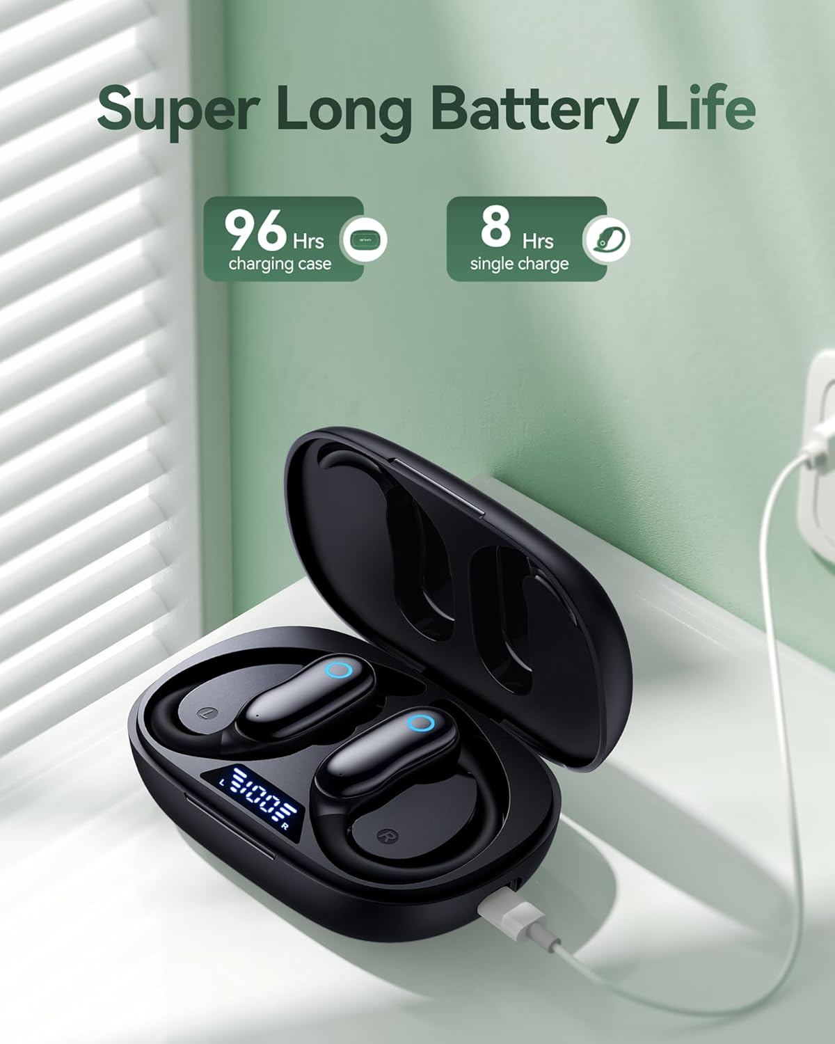 GNMN Active Noise Cancelling Ear Buds Wireless Earbuds 96hrs Playback Bluetooth Headphones IPX7 Waterproof Stereo Bass Over-Ear Earphones with Earhooks Microphone LED Battery Display for Sports/Gym