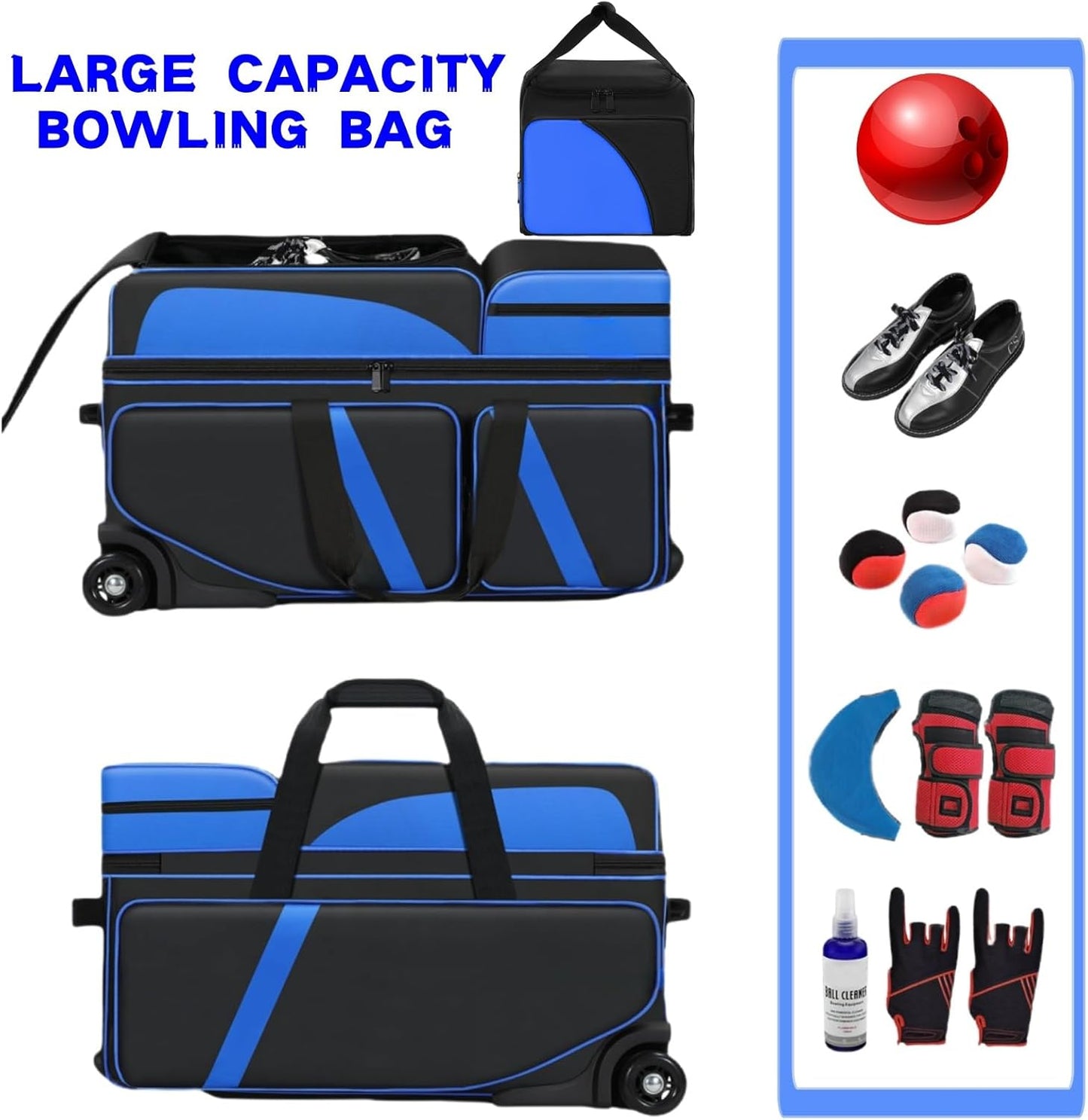 4 Ball Bowling Bags with Wheels, Bowling Ball Bag with Multi-Pockets,4 Ball Bowling Bag with Secure Buckle Fixed Ball Cup & Shoe Compartment,3 Ball Bowling Bag+1 Ball Color Matching Add On Tote