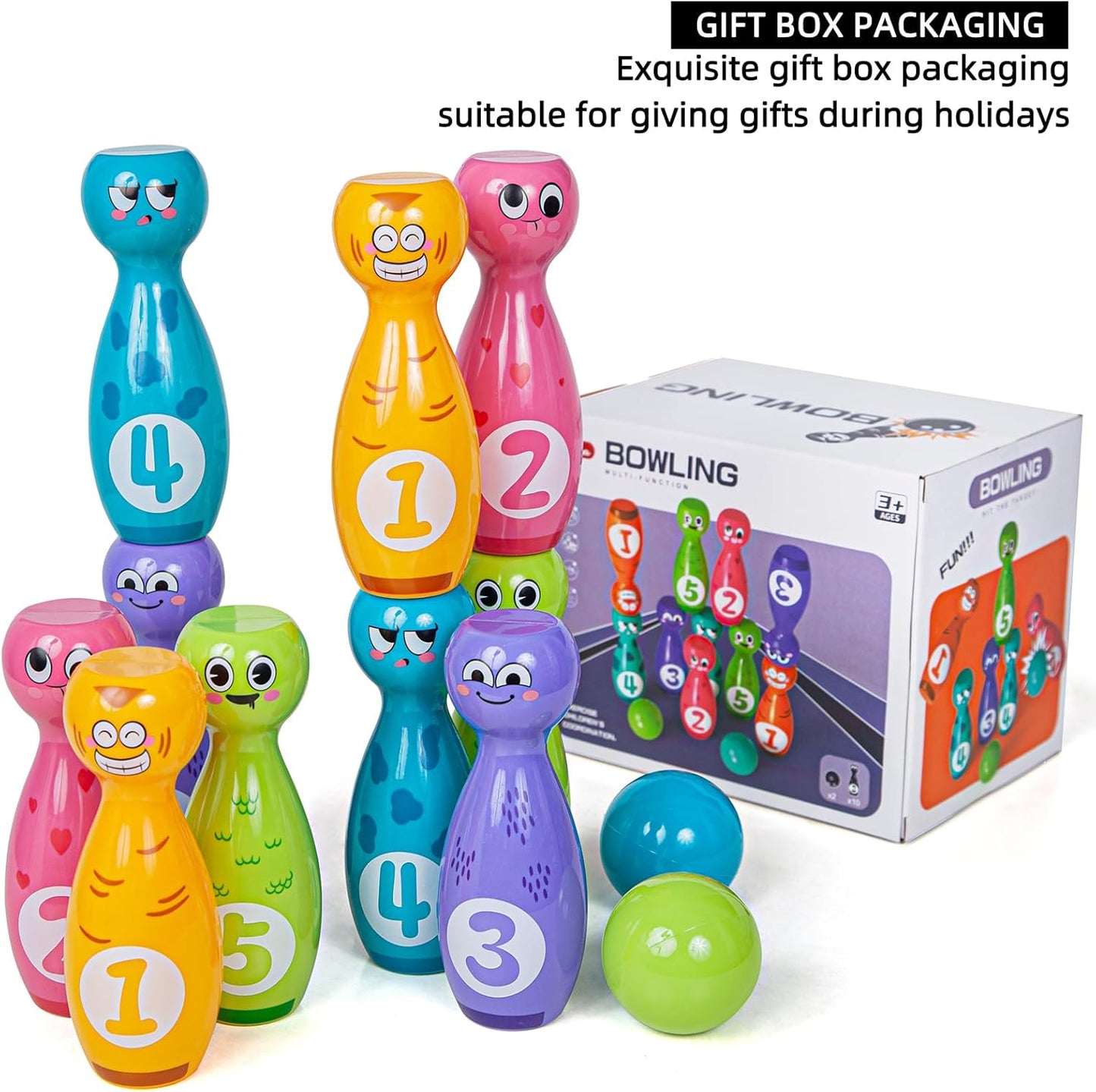 Bowling Set for Kids 2-5,Includes 10 Plastic Pins & 2 Balls, Indoor Activity Games, Birthday Gifts for Boys Girls 5-7,(Color Gift Box Packaging)