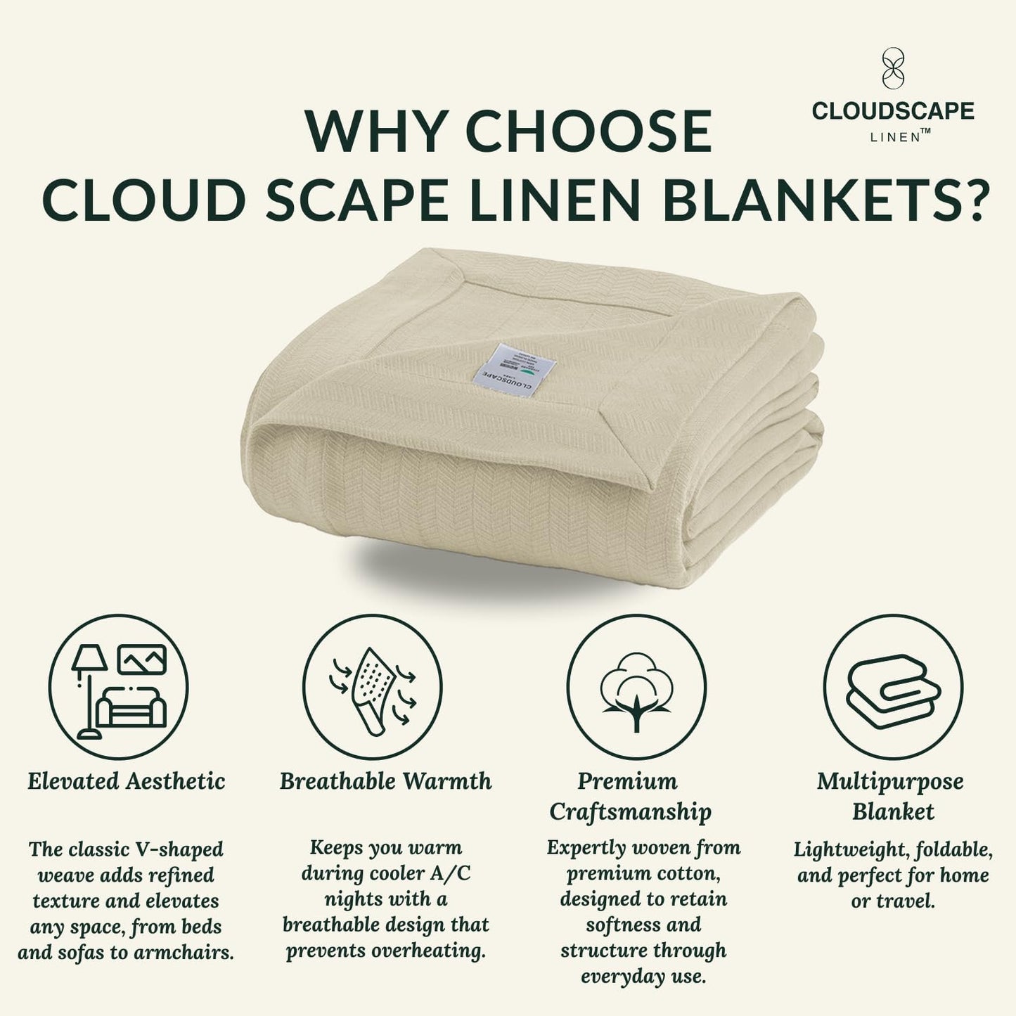 Herringbone Cotton Twin Blanket for Couch, Bed,Sofa, Home Decor, Soft, Lightweight, All-Season Bed Blanket, 68 x92, Beige Fog