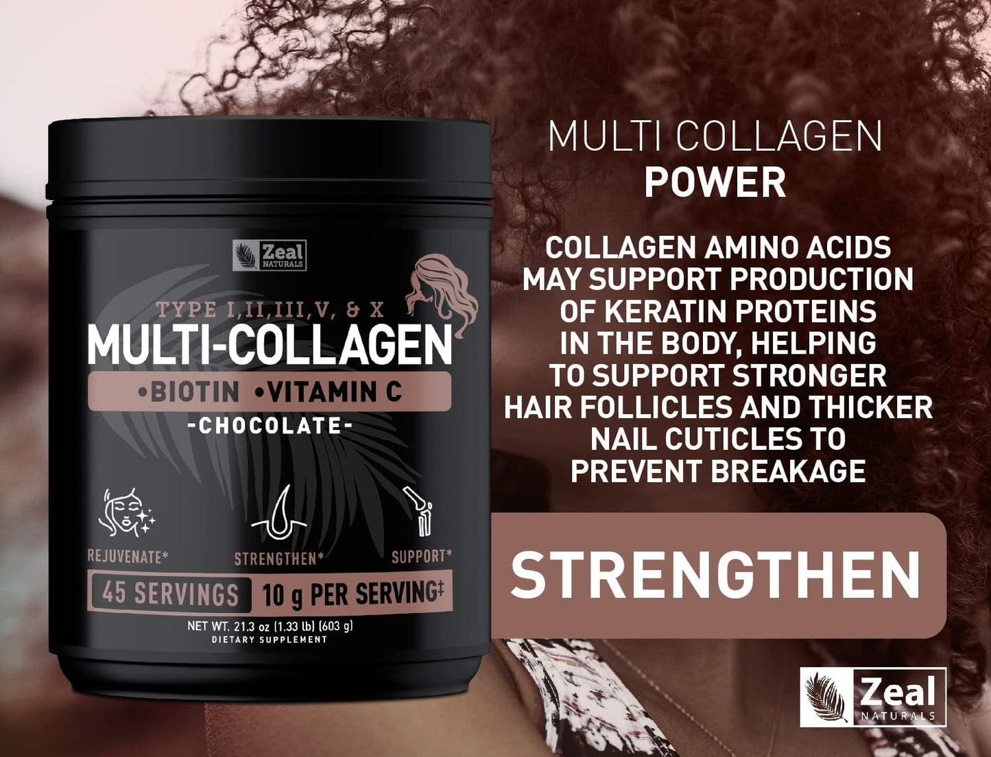 Premium Multi Collagen Peptides Protein Powder (1, 2, 3, 5 & 10) with Vitamin C, Biotin, Hyaluronic Acid, for Hair Skin and Nails - Marine, Bovine, Chicken & Eggshell (Chocolate, 45 Servings)