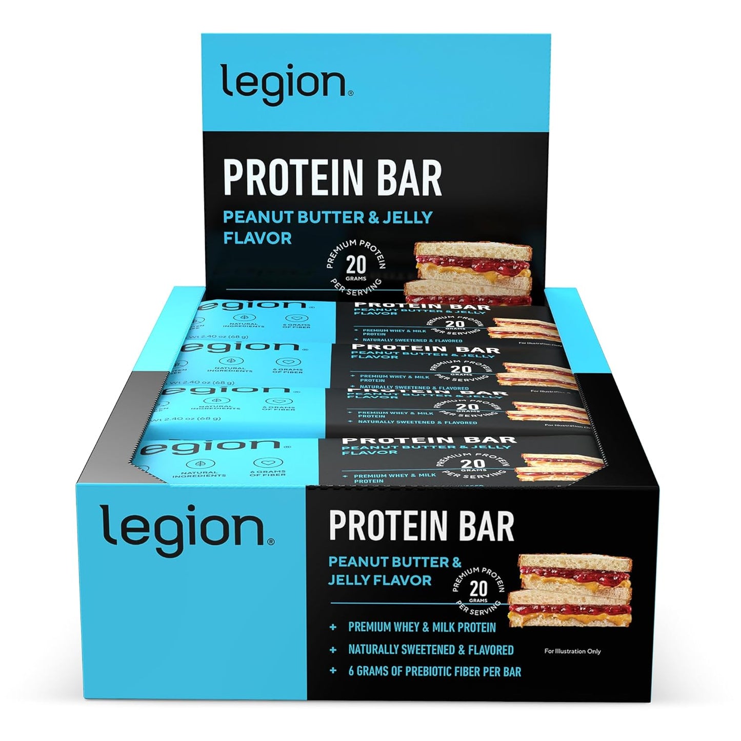 Legion Protein Bar Peanut Butter Jelly - 100% Whey Protein, Soy Free Protein Bars with Prebiotic Fiber - Low Fat Healthy Protein Bar - Gluten Free, Naturally Flavored, Low Sugar Protein Bars (12 Count)