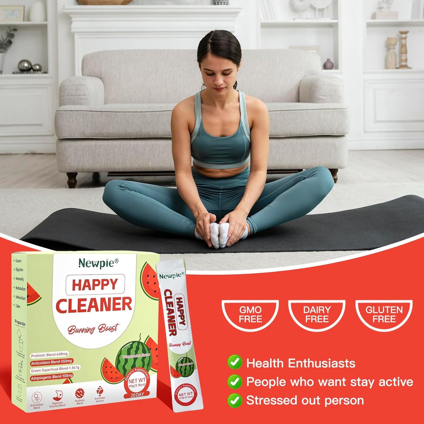 Newpie Superfoods Happy Cleaner Probiotic Powder,Watermelon Flavor Prebiotic & Probiotic Powder,Organic Fiber,Sugar Free,Gut Health,Natural Antioxidant for Women Men (20 Packet, Watermelon)