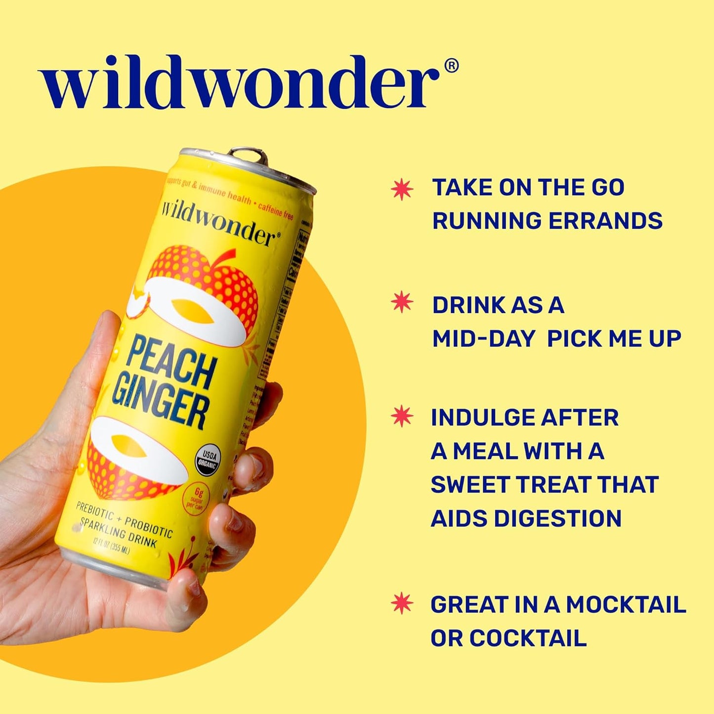 wildwonder Sparkling Probiotic Drink 12pk, For Gut Health & Immune Support, Peach Ginger, 5g Prebiotic Fiber, Live Probiotics, Organic, Vegan, Low Sugar, 12 Pack, 12oz Can, As Seen on Shark Tank