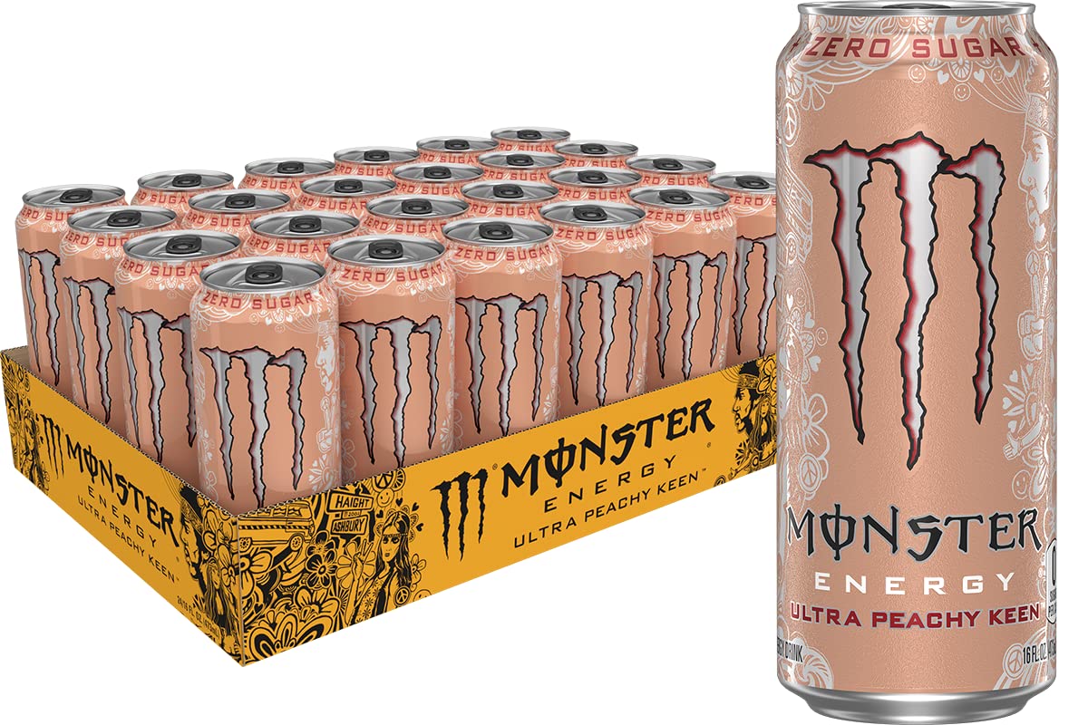Monster Energy Ultra Peachy Keen, Sugar Free Energy Drink, 16oz (Pack of 24)