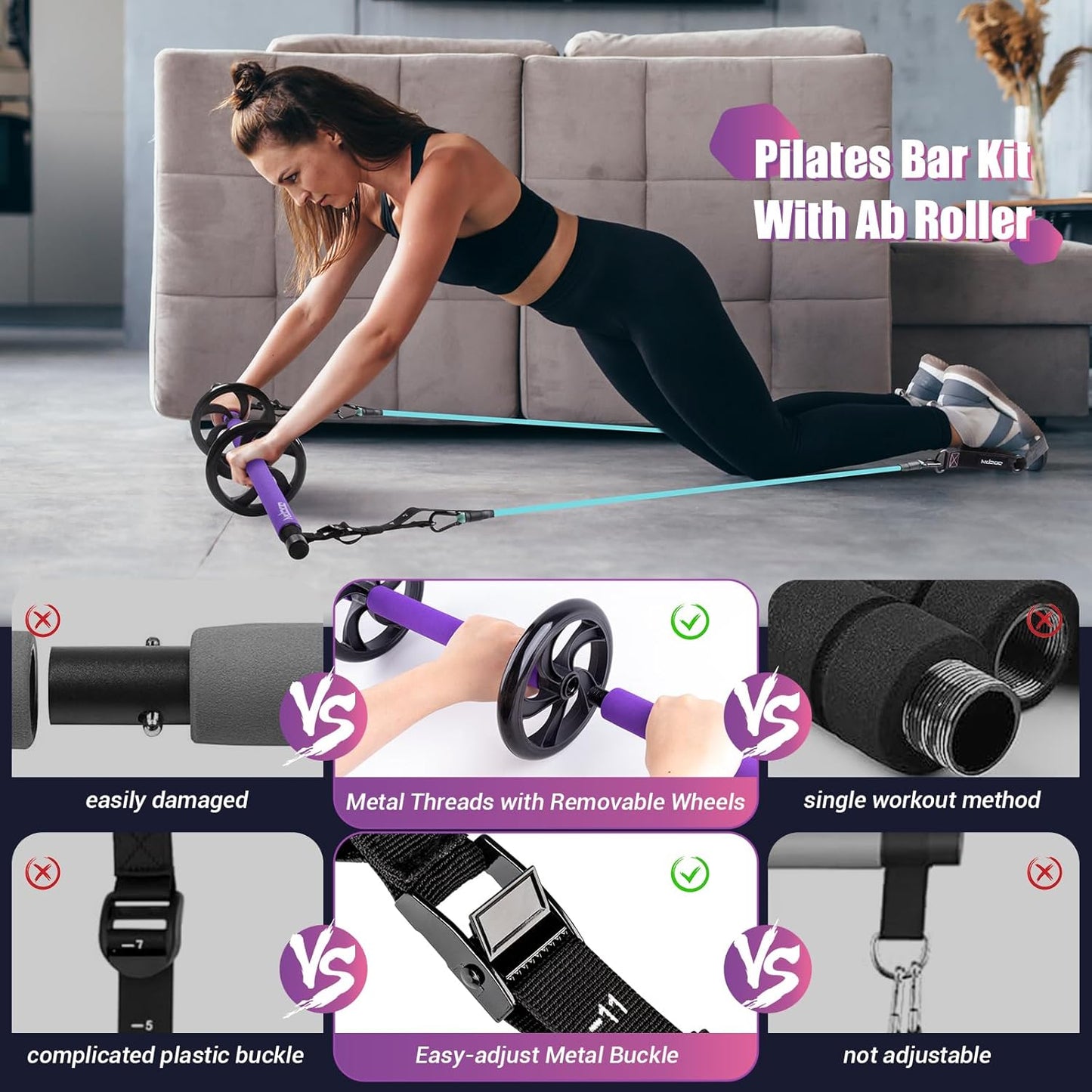 Pilates Bar Kit with Resistance Bands, Multifunctinal Exercise Bar with Ab Roller for Pilates/Abs/Weight Loss, Portable Home Gym Pilates bar kit for Full Body Training Women