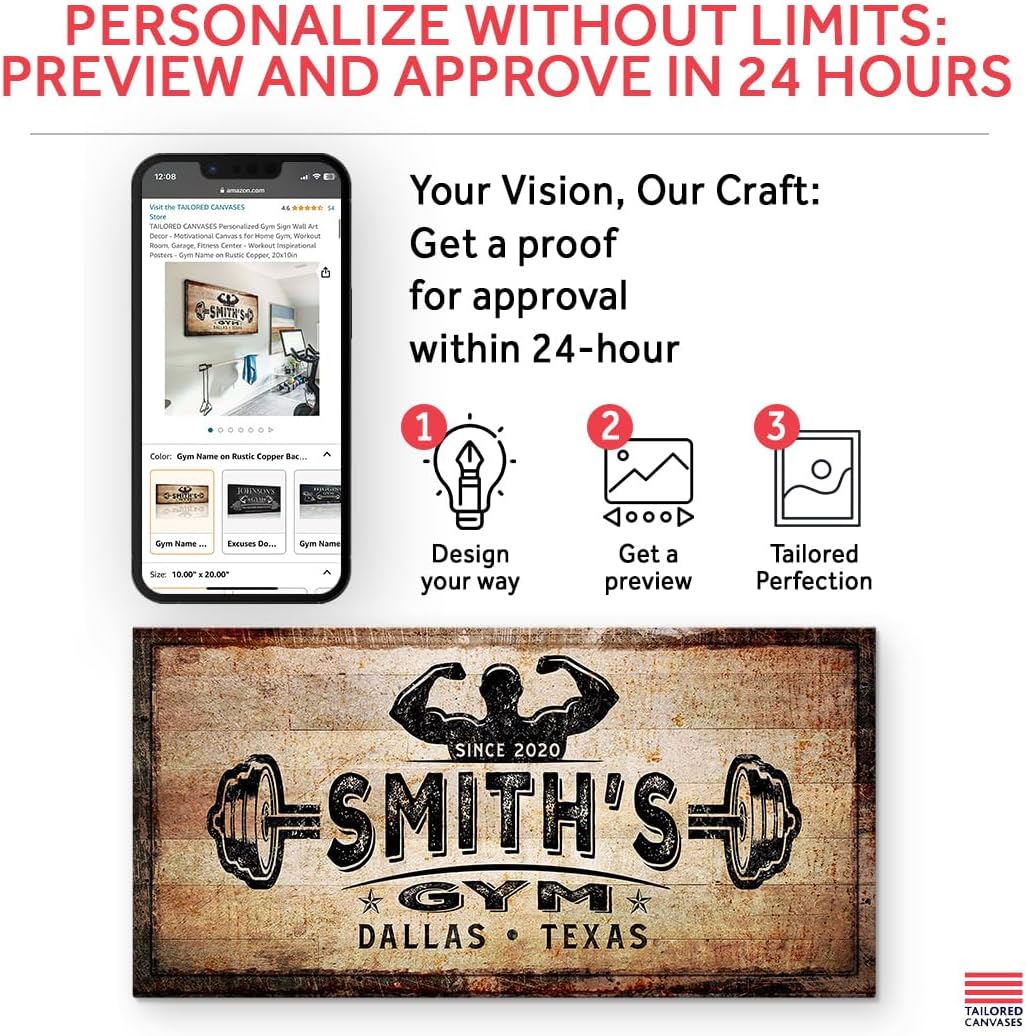 TAILORED CANVASES Personalized Gym Sign Wall Art Decor - Motivational Canvas for Home, Workout Room, Garage, Fitness Center - Inspirational Posters With Name on Rustic Copper, 60x30in