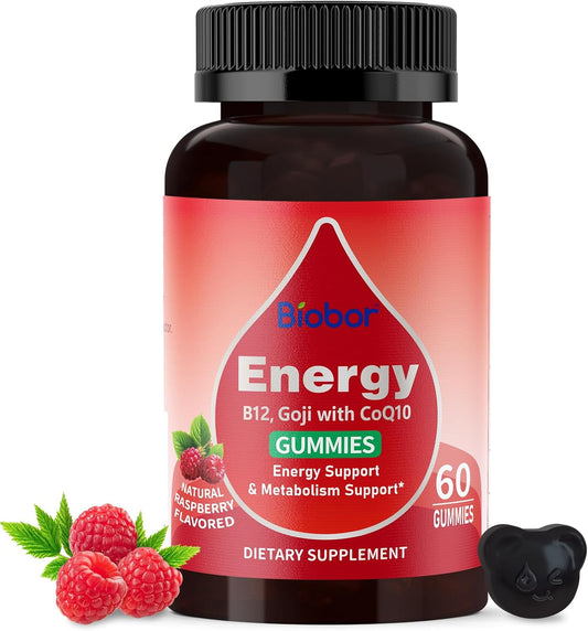 Natural Energy Gummies with Vitamin B12, Goji, CoQ10, Energy Support & Metabolism Support Chewable Supplement,GMO Free, Gluten Free (Raspberry, 60 Count)