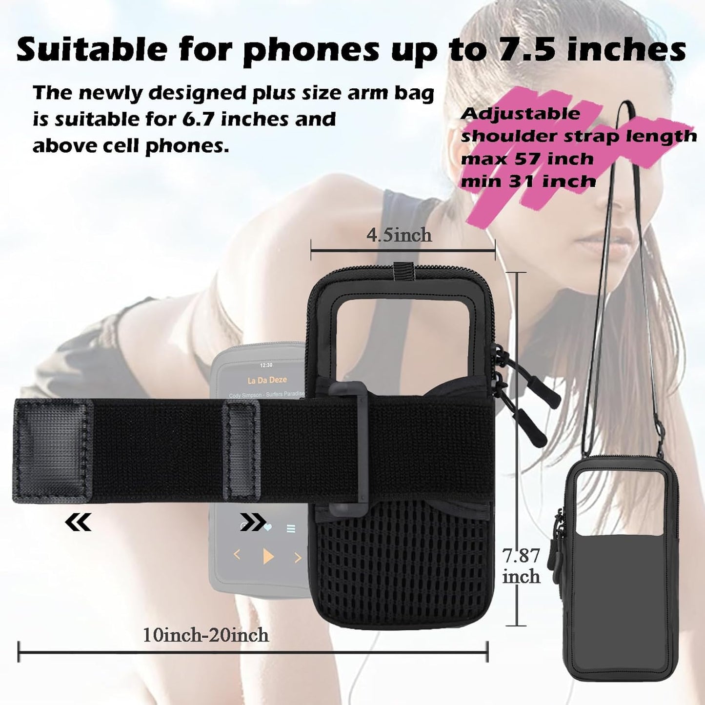 Phone Holder for Running, Walking, and Workout - Adjustable Arm Band Armband for iPhone and Cell Phones - Clear Crossbody Phone Pouch Purse with Strap for Women Men