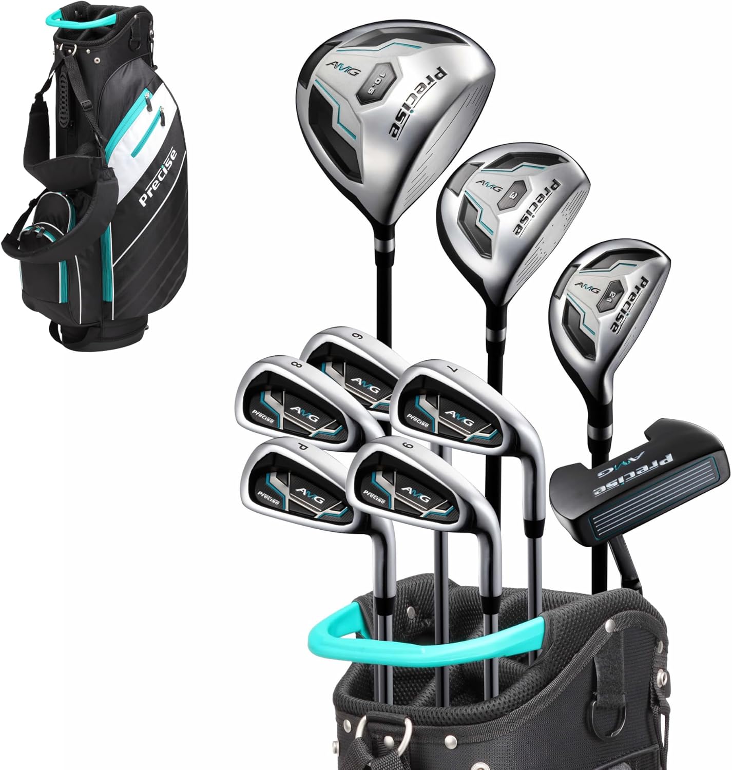 Precise AMG Men's Complete Golf Club Set, Includes Titanium Driver, S.S. Fairway, S.S. Hybrid, S.S. 6-PW Irons, Putter, Bag, 3 H/C's, Men’s Golf Clubs Full Set Right Handed, Regular or Tall Size