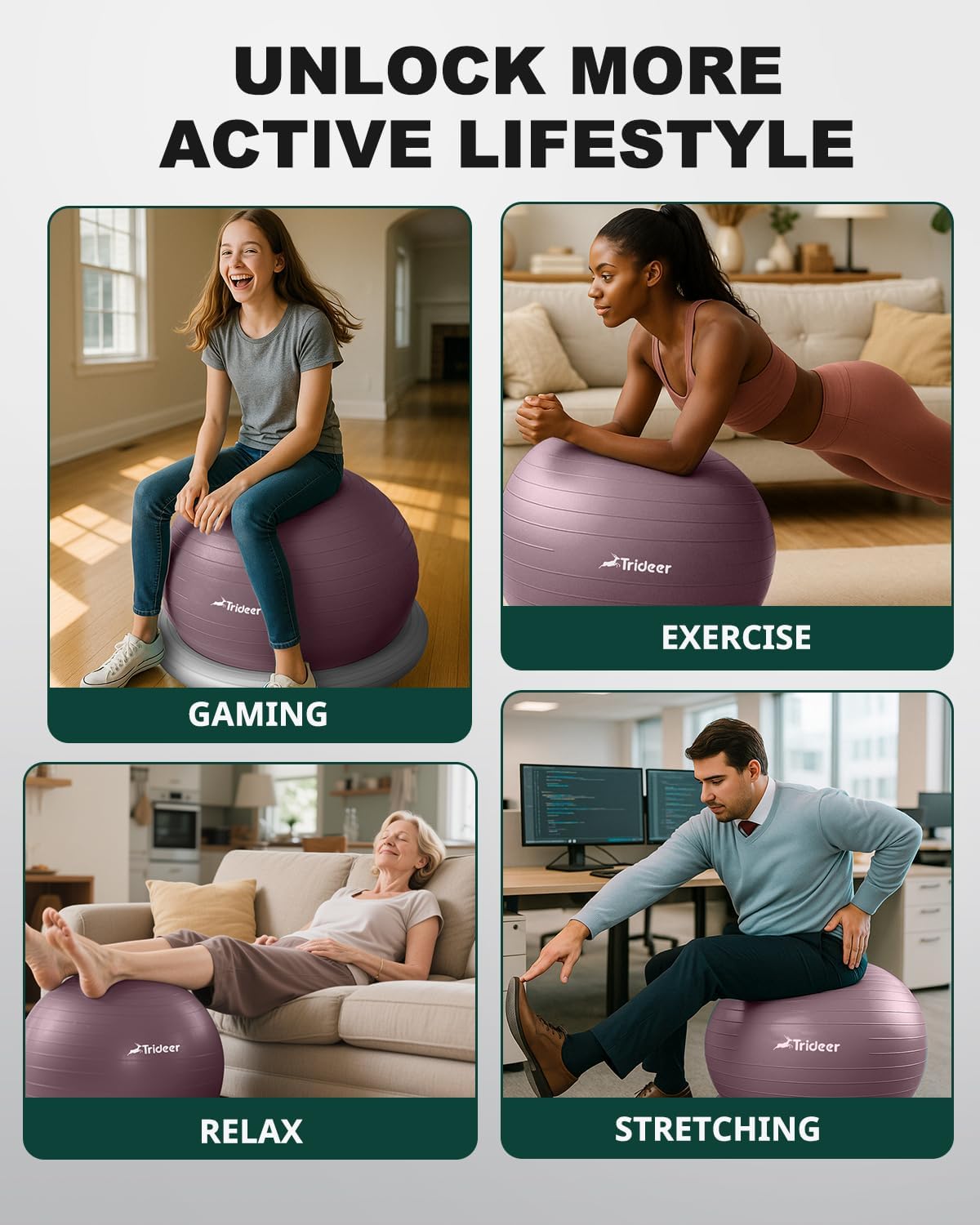 Trideer Exercise Yoga Ball Chair with Base for Home Office Desk, Stability & Fitness Ball Seat to Relieve Back Pain, Home Gym Workout for Abs, Pregnancy Ball with Pump