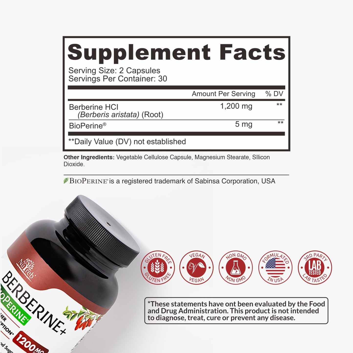 Berberine Supplement 1200mg - 5X Higher Absorption - Ultra Pure 98% Berberine HCL - Healthy Weight Management, Immune Support - Non GMO, Manufactured in USA - 60 Vegan Capsules