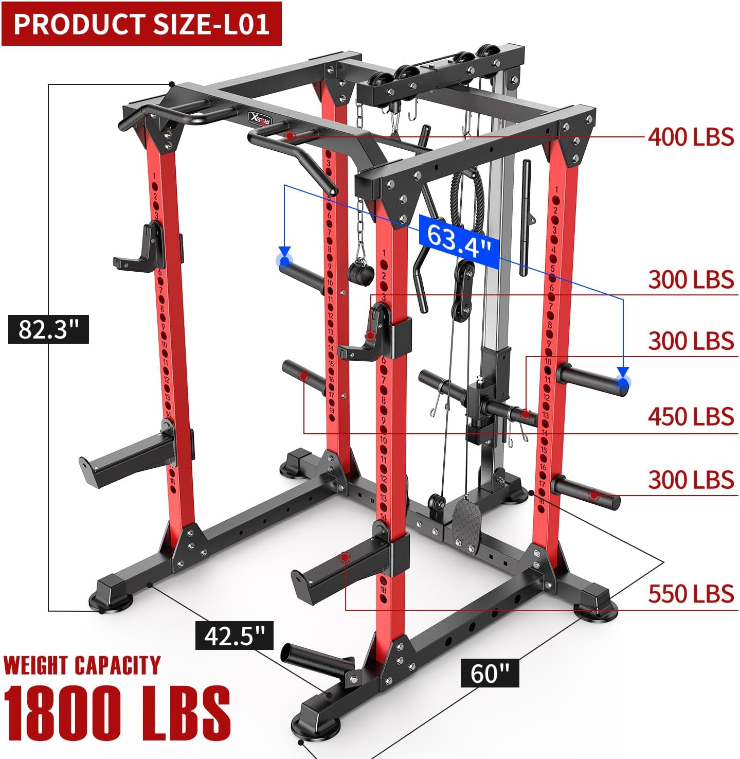 Power Cage,1600lbs Multi-Function Power Rack with Adjustable Cable Crossover System and More Training Attachment, Weight Cage for Home Gym