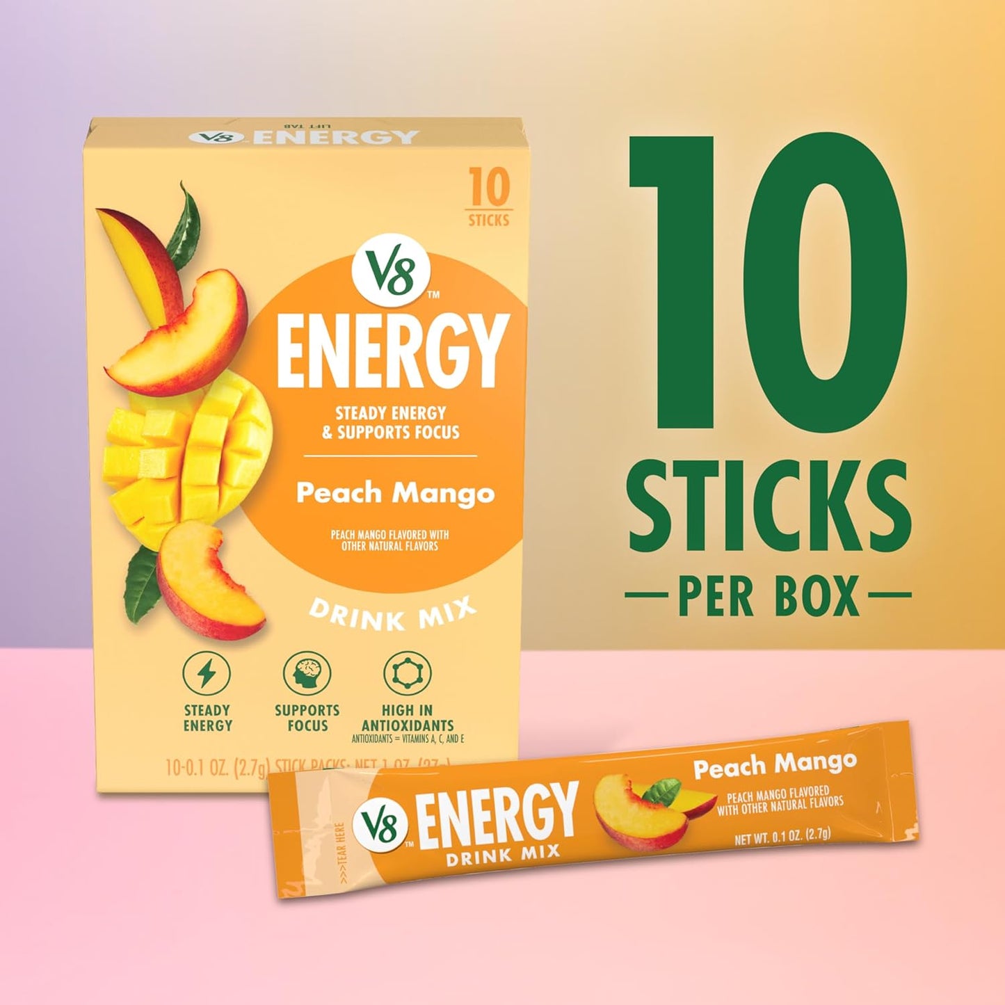 V8 Energy Peach Mango Energy Drink Powder, .10 oz Packet (120 Count)