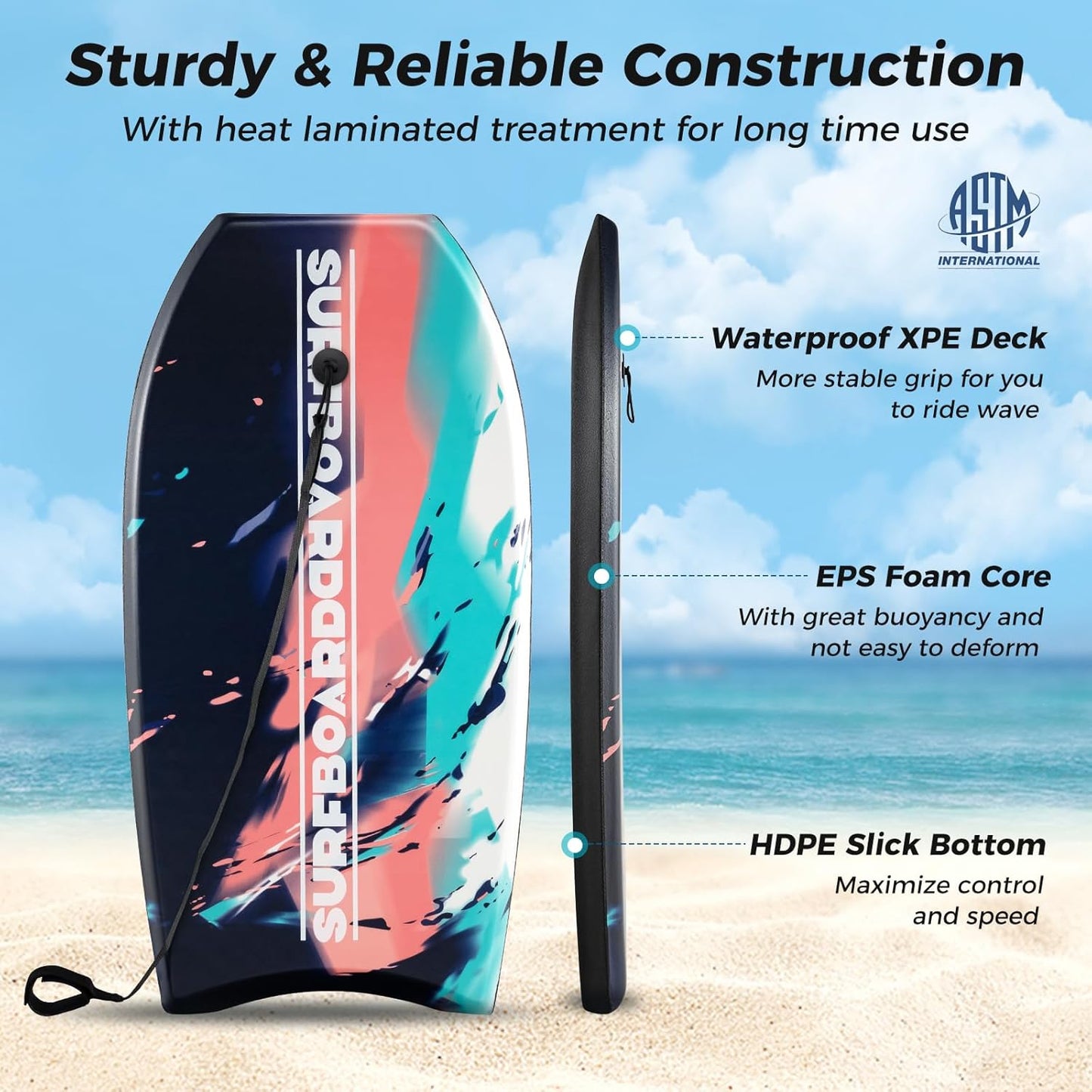 KOTEK 33/37/41 Inch Body Board with Wrist Leash, EPS Core, Dual Channel, HDPE Slick Bottom, Bodyboard for All Skill Levels & Wave Conditions