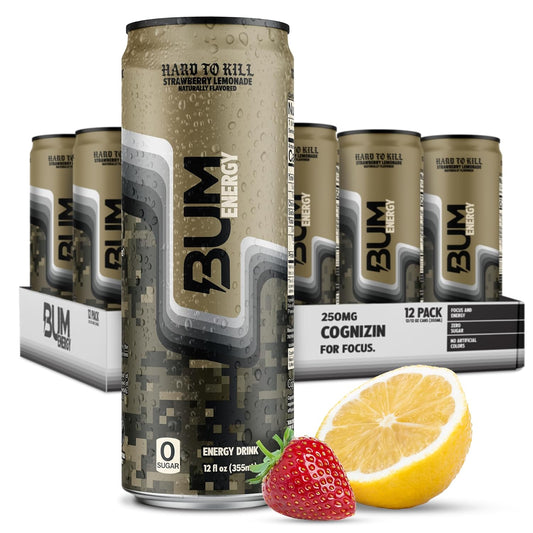 BUM Sugar-Free Energy Drink, Strawberry Lemonade - Lightly Carbonated & No Artificial Colors, Natural Caffeine & Citicoline for Energy, Focus, Brain Boost & Workout Sports Beverage - 12 oz, Pack of 12