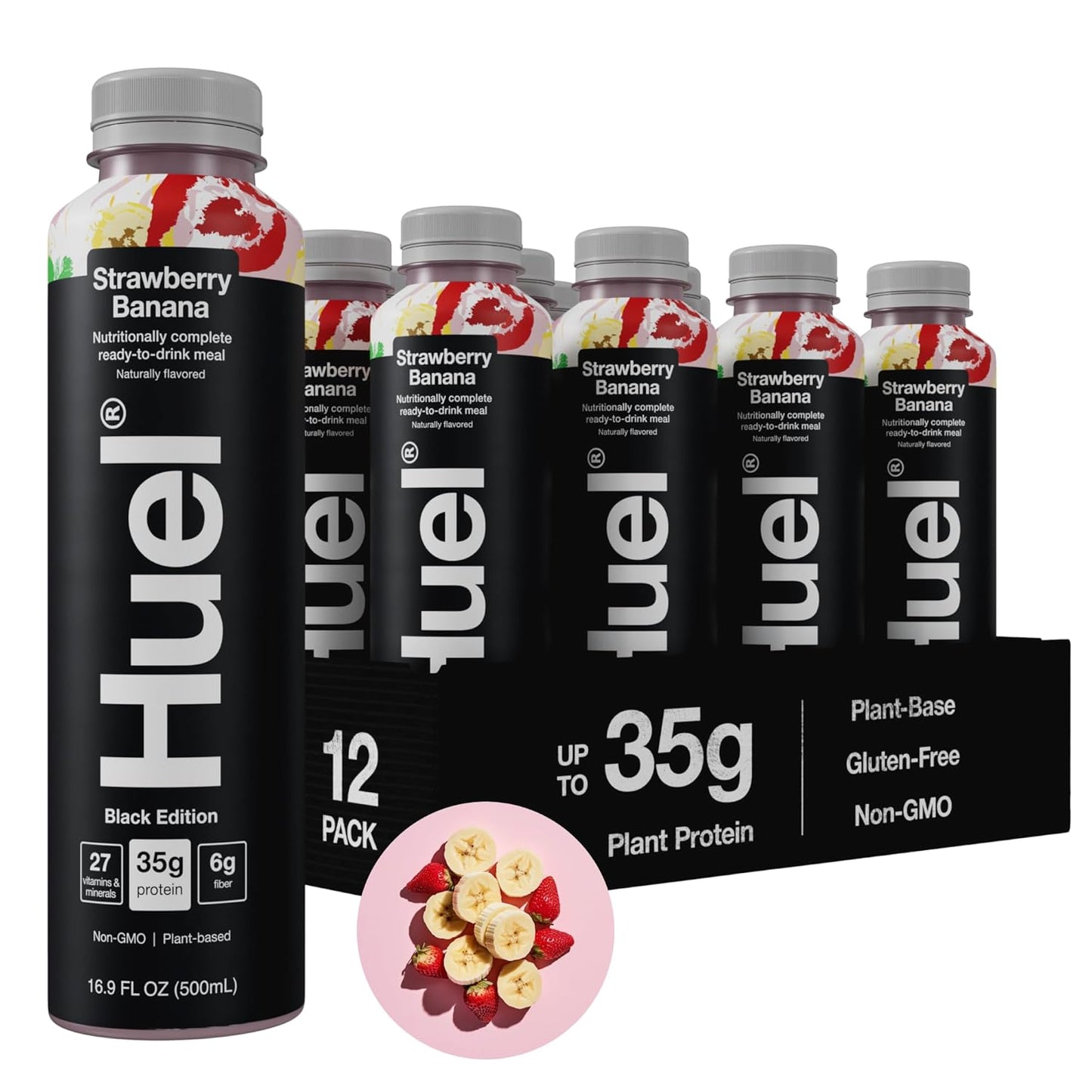 Huel Black Edition Ready-to-Drink | Strawberry Banana Meal Replacement Shake | 35g High Protein Drink | 27 Vitamins & Minerals, Vegan, Gluten Free | Plant Based | Low Sugar | 16.9 Fl Oz, 12 Pack