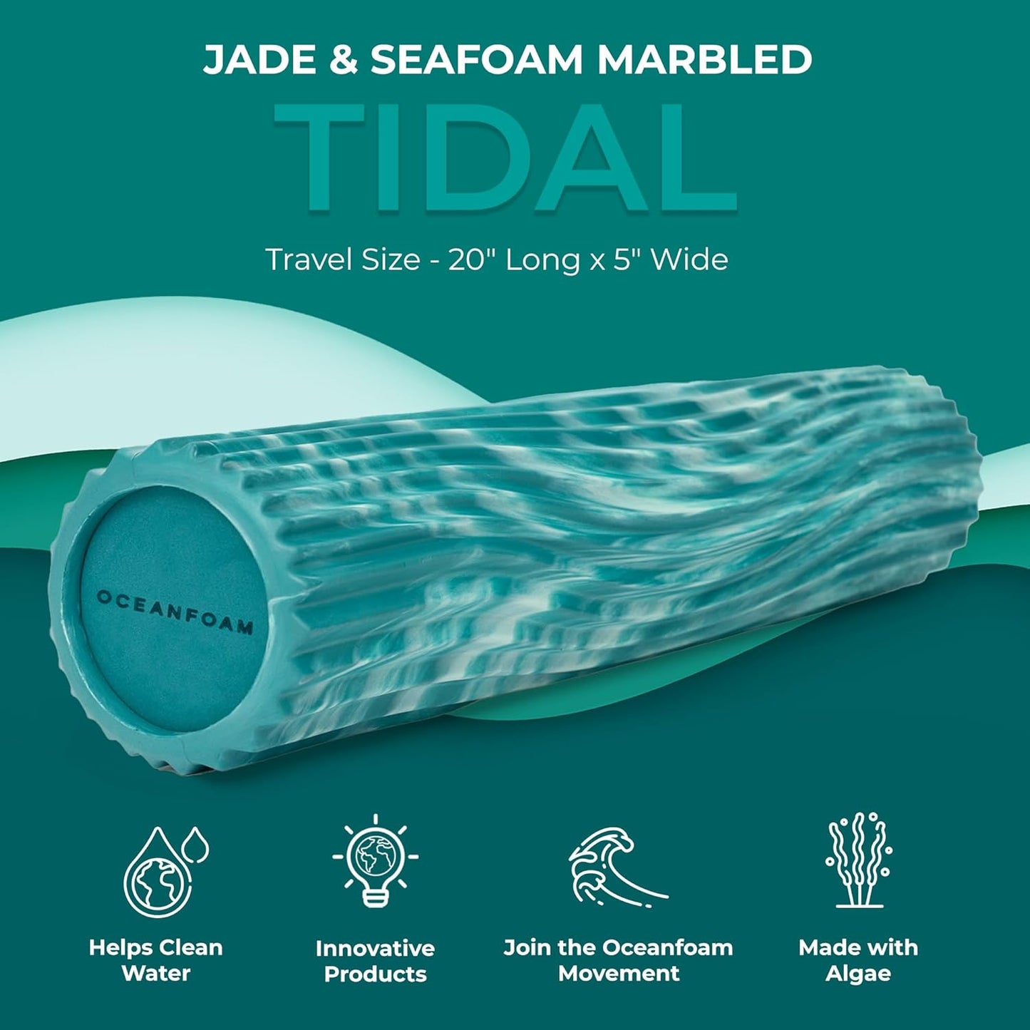 Oceanfoam Tidal Roller - Jade & Seafoam Marbled - Muscle Massage Foam Roller for Back Pain & Stretching - Firm and Ergonomic Wide Wave Textured - Yoga, Athletics, & Wellness - Full Size, 20" x 5"