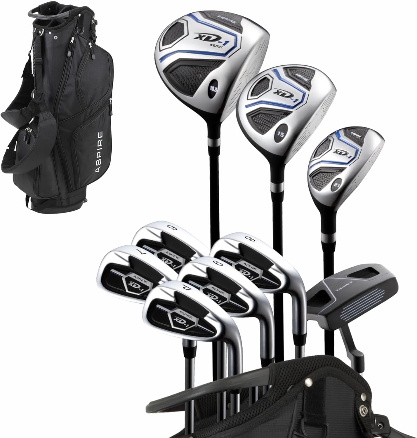 Aspire XD1 Complete Mens Golf Club Set, Includes Titanium Driver, S.S. Fairway, S.S. Hybrid, S.S. 6-PW Irons, Putter, Bag, 3 H/C's, Right & Left Handed Golf Clubs
