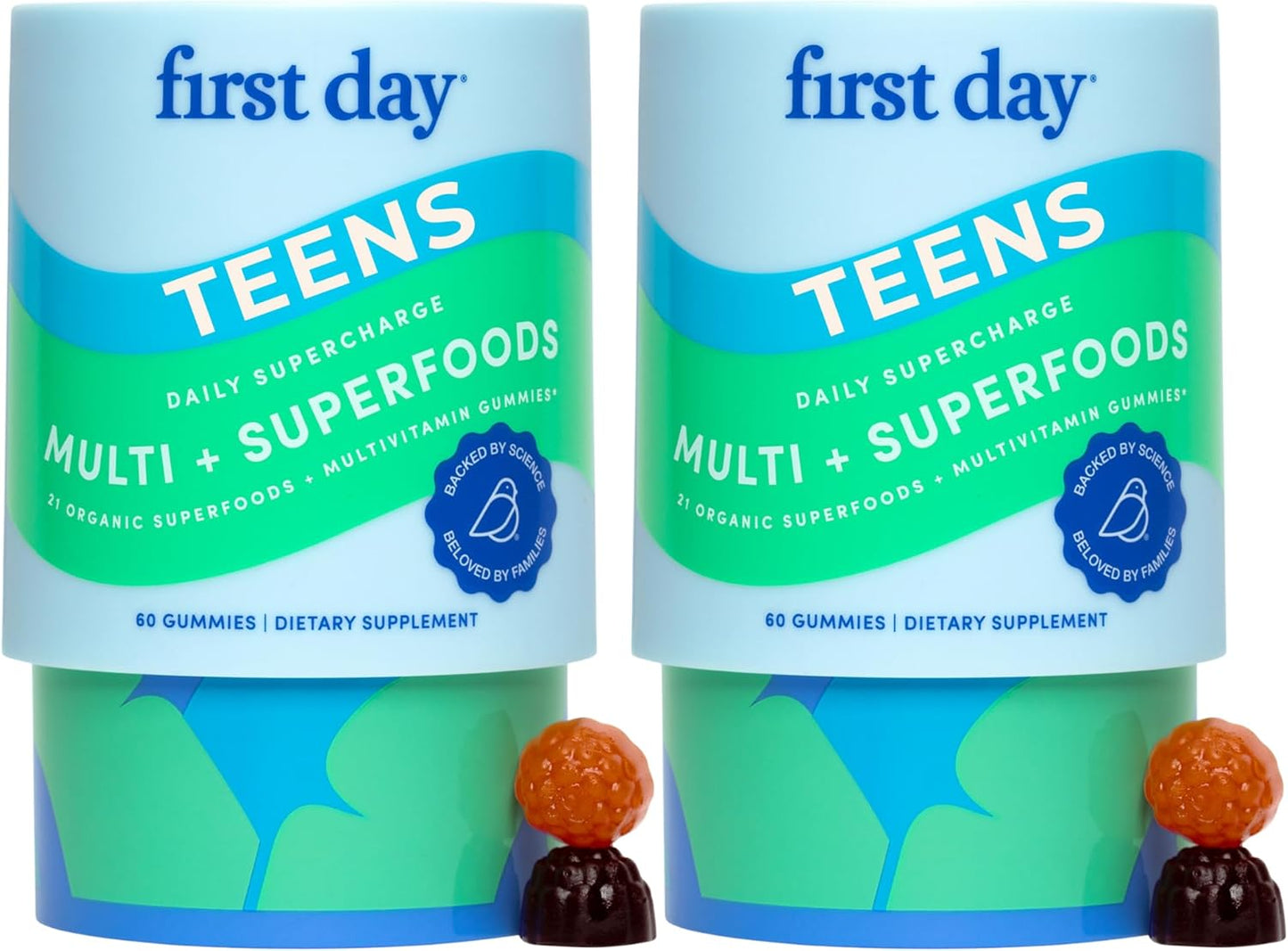 FIRST DAY Vitamins for Teens - Teen Multi Vitamins for Girls & Boys 12-17, Organic Fruit & Veggie Blend - 12 Key Nutrients: Vitamins A, B1, B2, B6, B9, B12, C, D3, E, K2-60 Day Supply