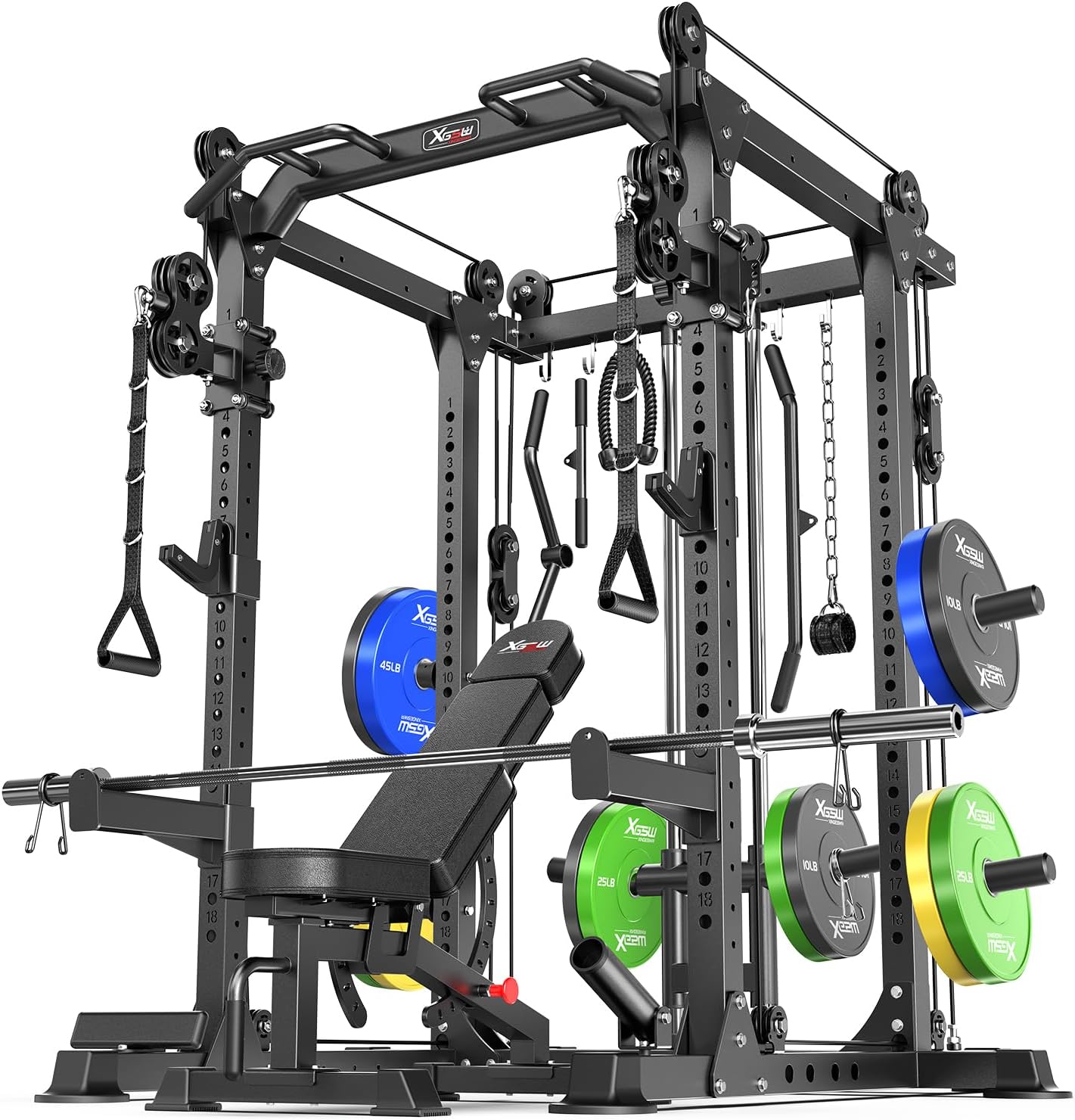 Power Cage Multi-Function Power Rack with Cable Crossover System,1800 LBS Capacity Squat Rack with Weight Bench,for Home Gym