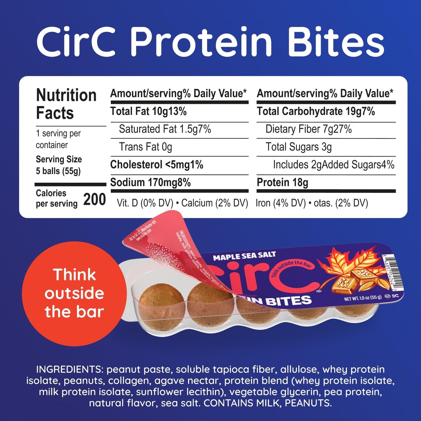 CirC Protein Bites - 12 Count Maple Sea Salt High Energy Balls - 18g of protein 4g Collagen, 5g net carb, Whey & Peanuts - Portable Healthy Snacks in 5-Piece Resealable Packs