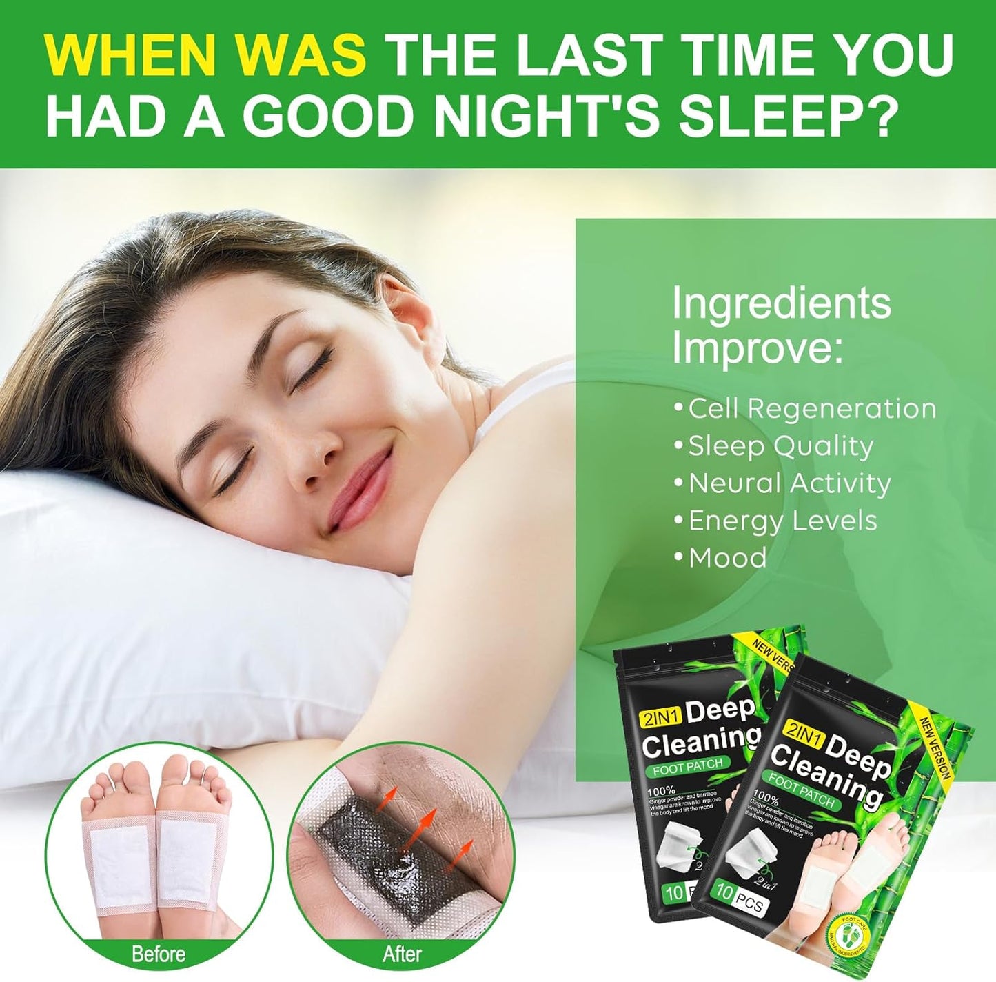 2in1 20PCS Foot Pads, Natural Bamboo Vinegar Ginger Powder Foot Pads