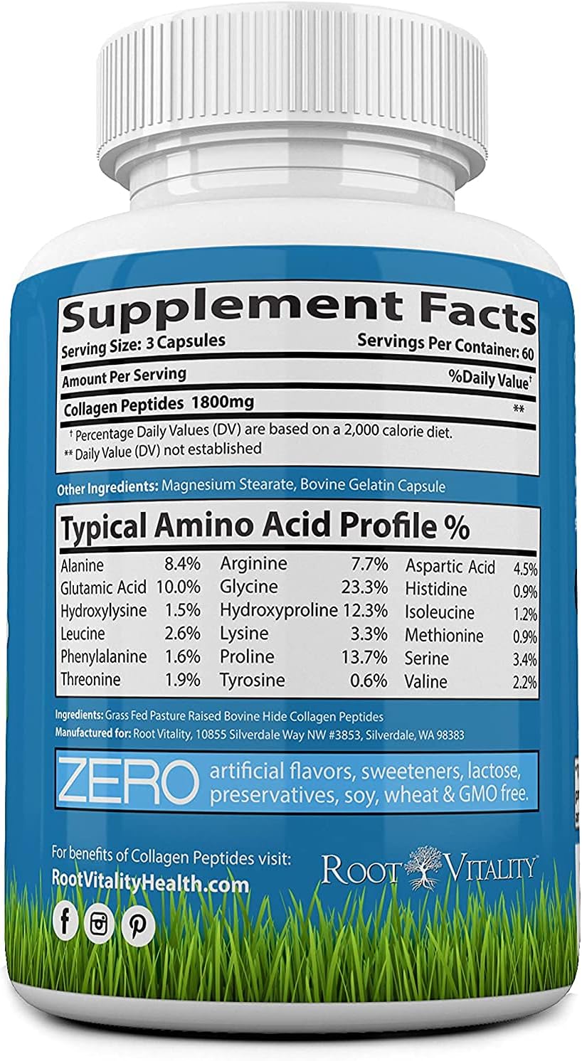 Collagen Peptides Capsules - Grass-Fed, Pasture-Raised Hydrolyzed Protein Supplement for Skin, Hair, & Nails - Non-GMO, Zero Sugar Daily Pills for Men & Women (180 Capsules)