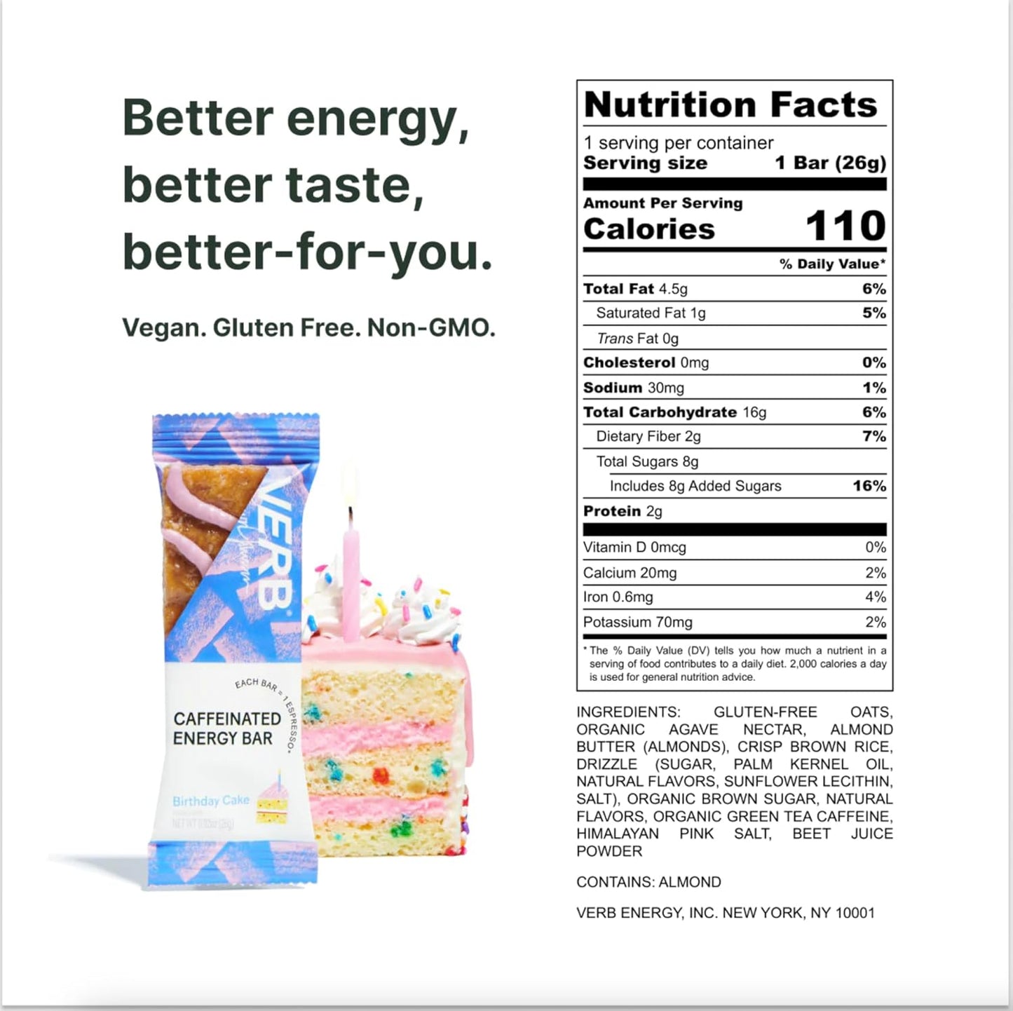 Verb Caffeinated Energy Bars Birthday Cake (26g, Pack of 16) 110-Calorie Delicious Low Sugar Energy Bar - Vegan Gluten Free On-the Go Snack with 80mg Green Tea Caffeine, Only Real-Food Ingredients