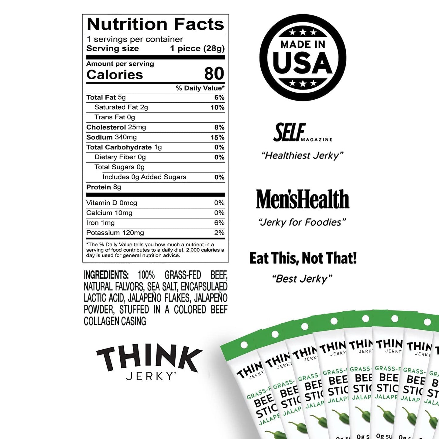 Think Jerky Jalapeno Beef Sticks, Gluten and Sugar Free, No Nitrates, Keto Paleo Friendly High Protein Low Carb Meat Snack - 1.0 oz Sticks, 10 Pack